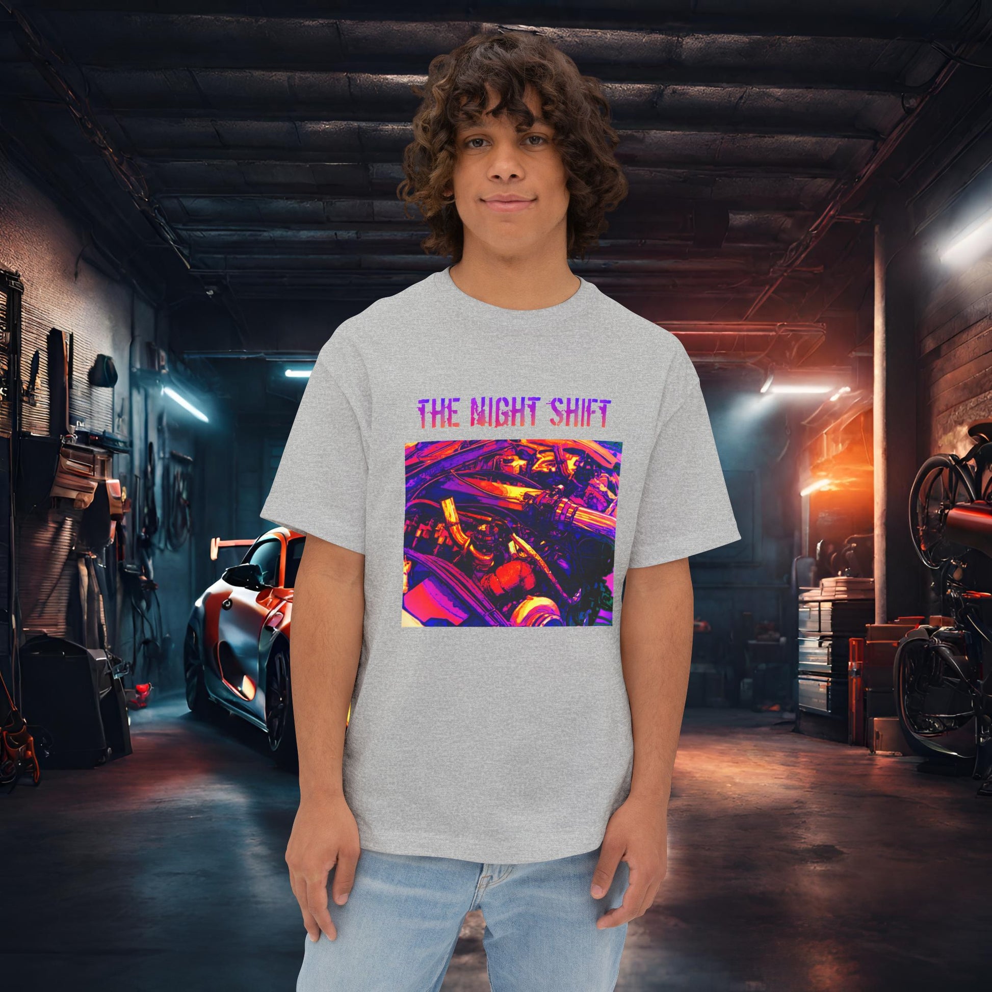 LS-X Twin Turbo Synthwave-Premium, Ultra Soft Unisex Oversized Boxy Tee Athletic Heather Printify by The Night Shift Automotive Apparel