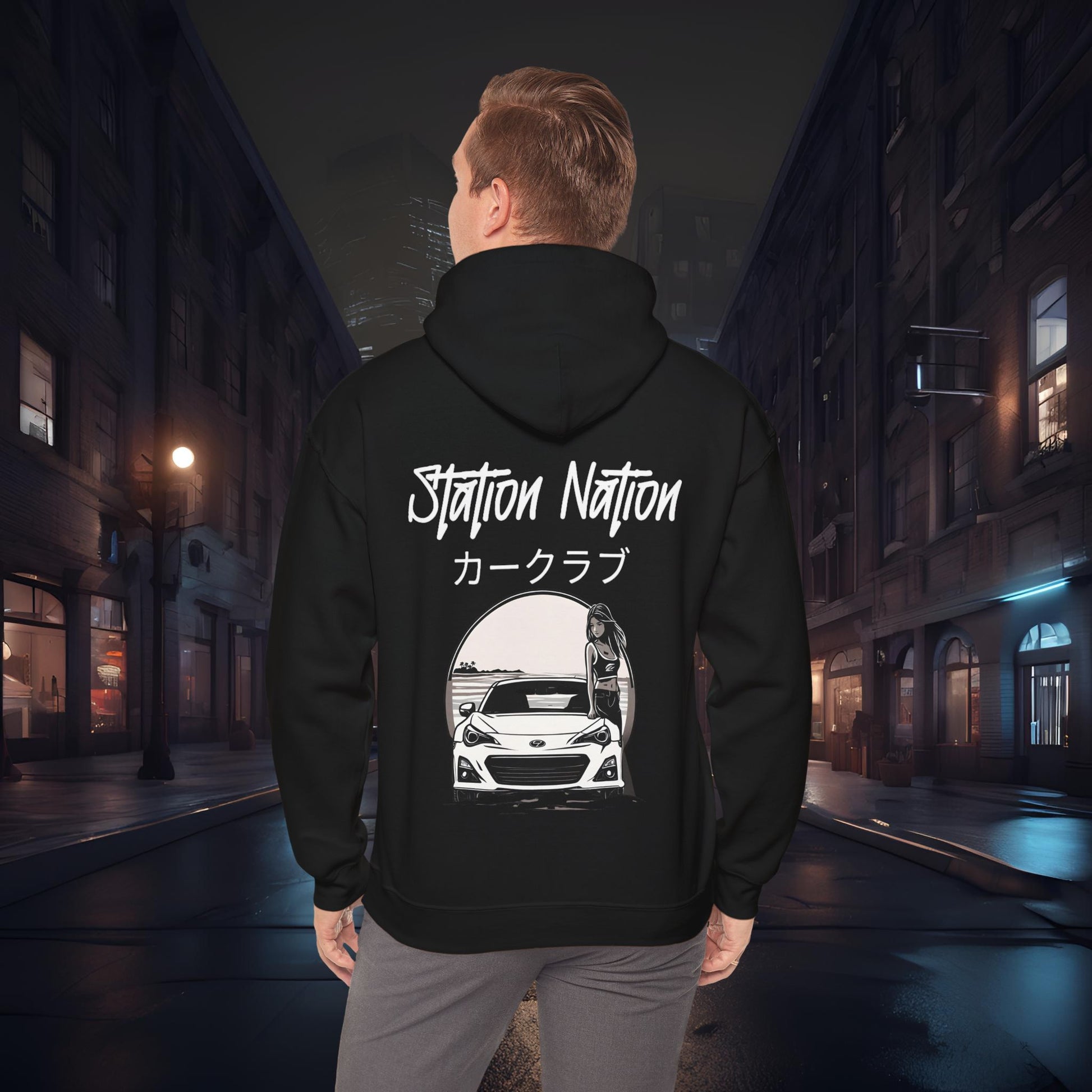 Station Nation-Ultra Soft, Premium Hoodie Black Printify by The Night Shift Automotive Apparel