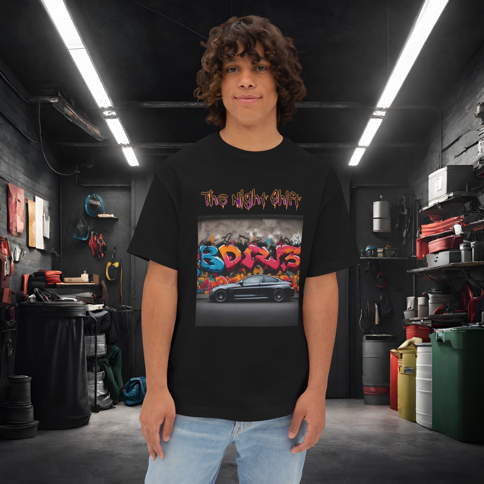 BMW M4 Graffiti-Premium, Ultra Soft Unisex Oversized Boxy Tee Black Printify by The Night Shift Automotive Apparel