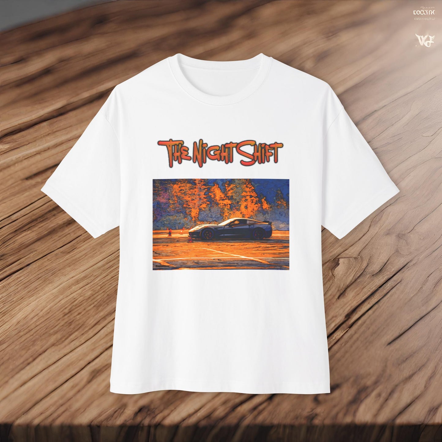 Chevy Corvette C7 Drifting Nedco NHMS-Premium, Ultra Soft Unisex Oversized Boxy Tee Printify by The Night Shift Automotive Apparel