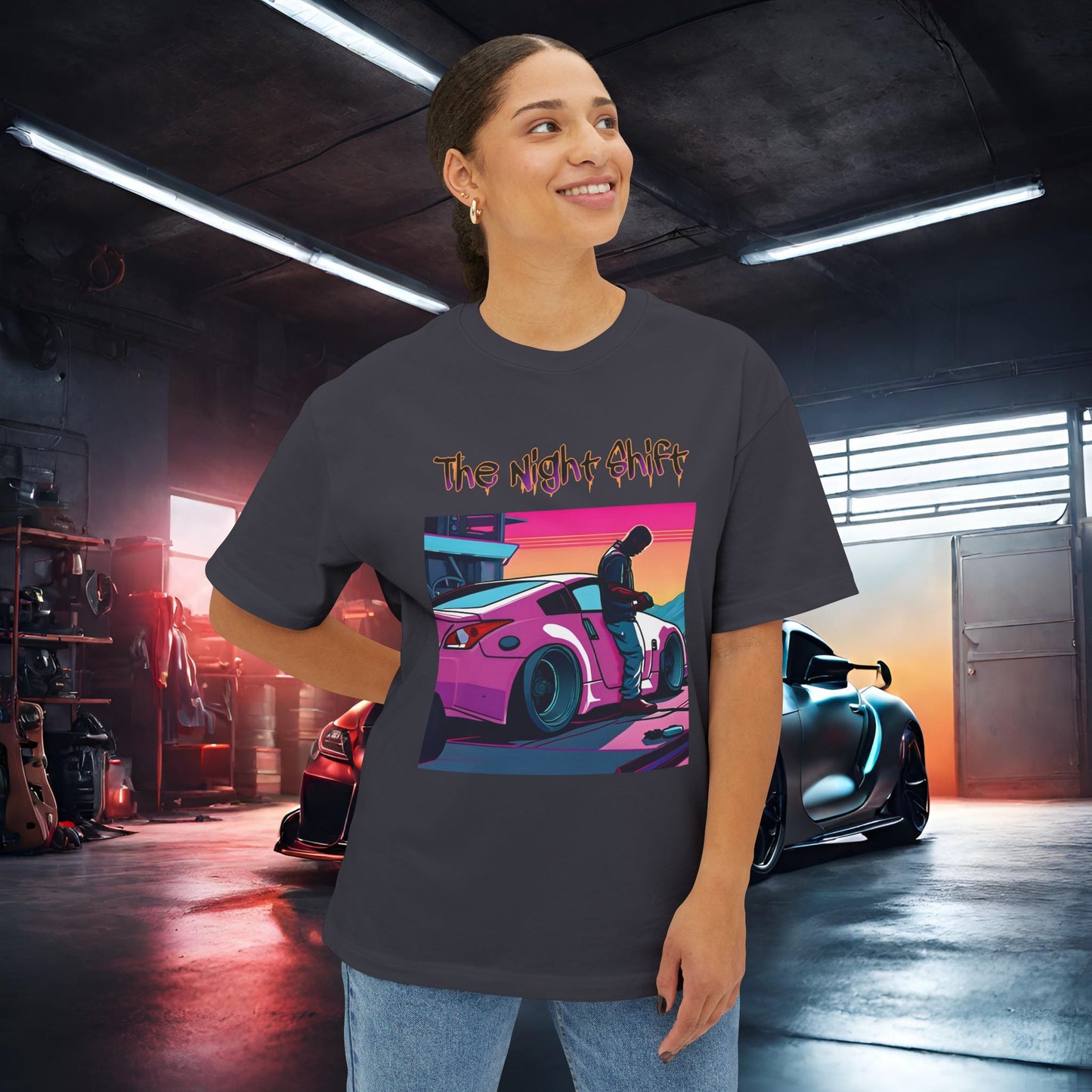 Nissan 370z Synthwave-Premium, Ultra Soft Unisex Oversized Boxy Tee Printify by The Night Shift Automotive Apparel