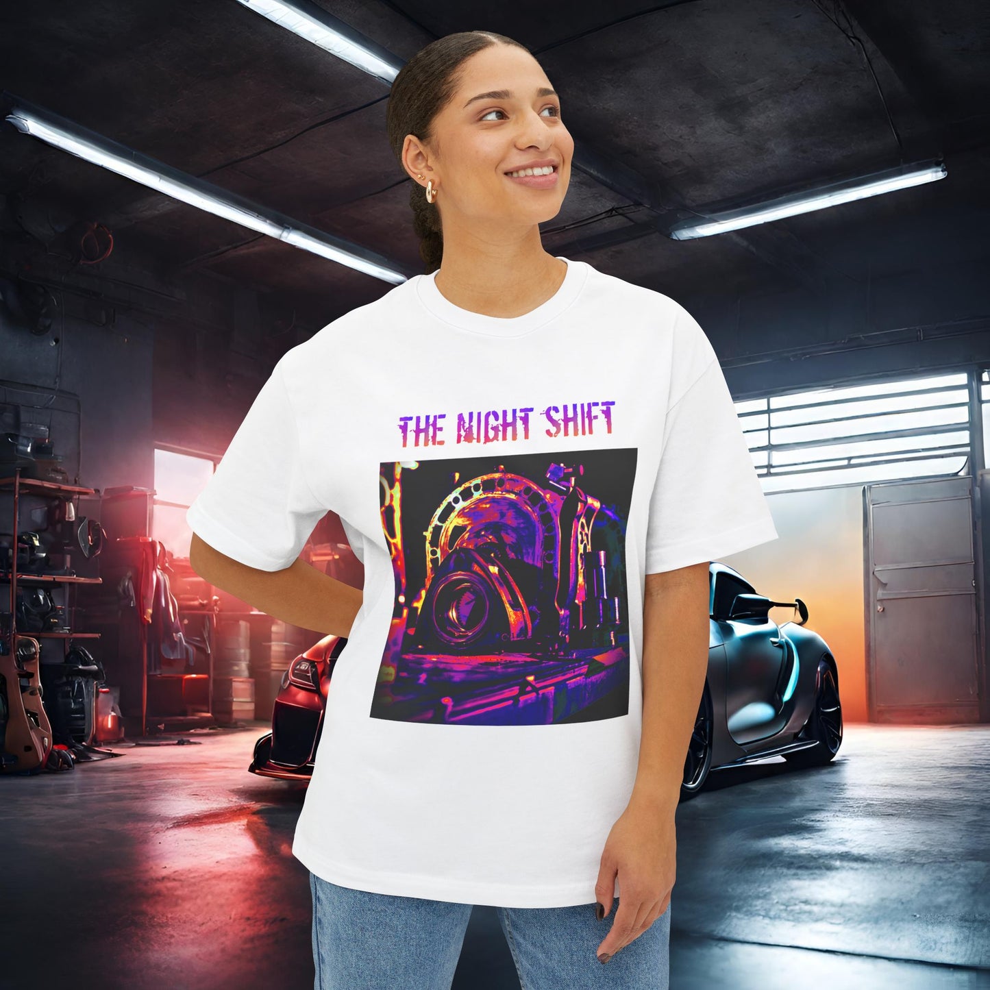 13B-REW Synthwave-Premium, Ultra Soft Unisex Oversized Boxy Tee Printify by The Night Shift Automotive Apparel