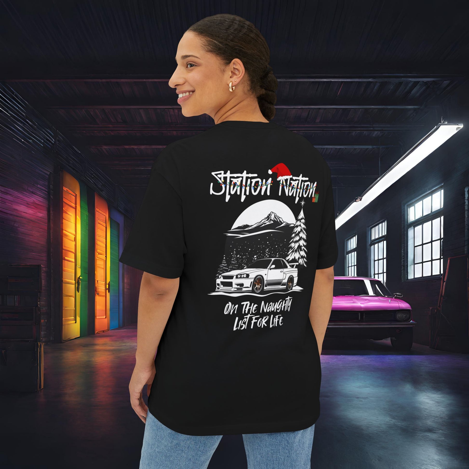 🎄 Christmas Limited Edition Station Nation-Premium, Ultra Soft Unisex Oversized Boxy Tee Black Printify by The Night Shift Automotive Apparel
