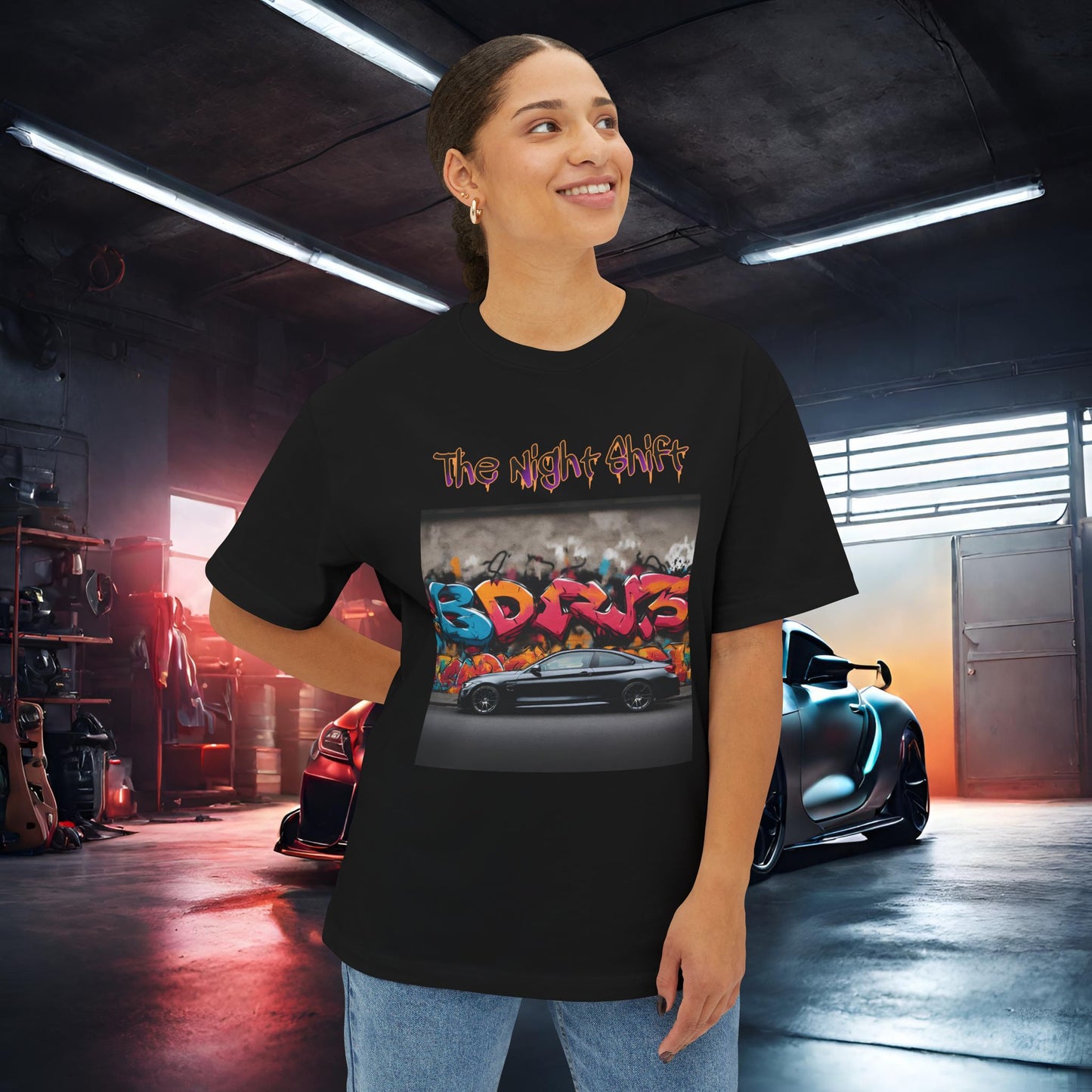 BMW M4 Graffiti-Premium, Ultra Soft Unisex Oversized Boxy Tee Printify by The Night Shift Automotive Apparel