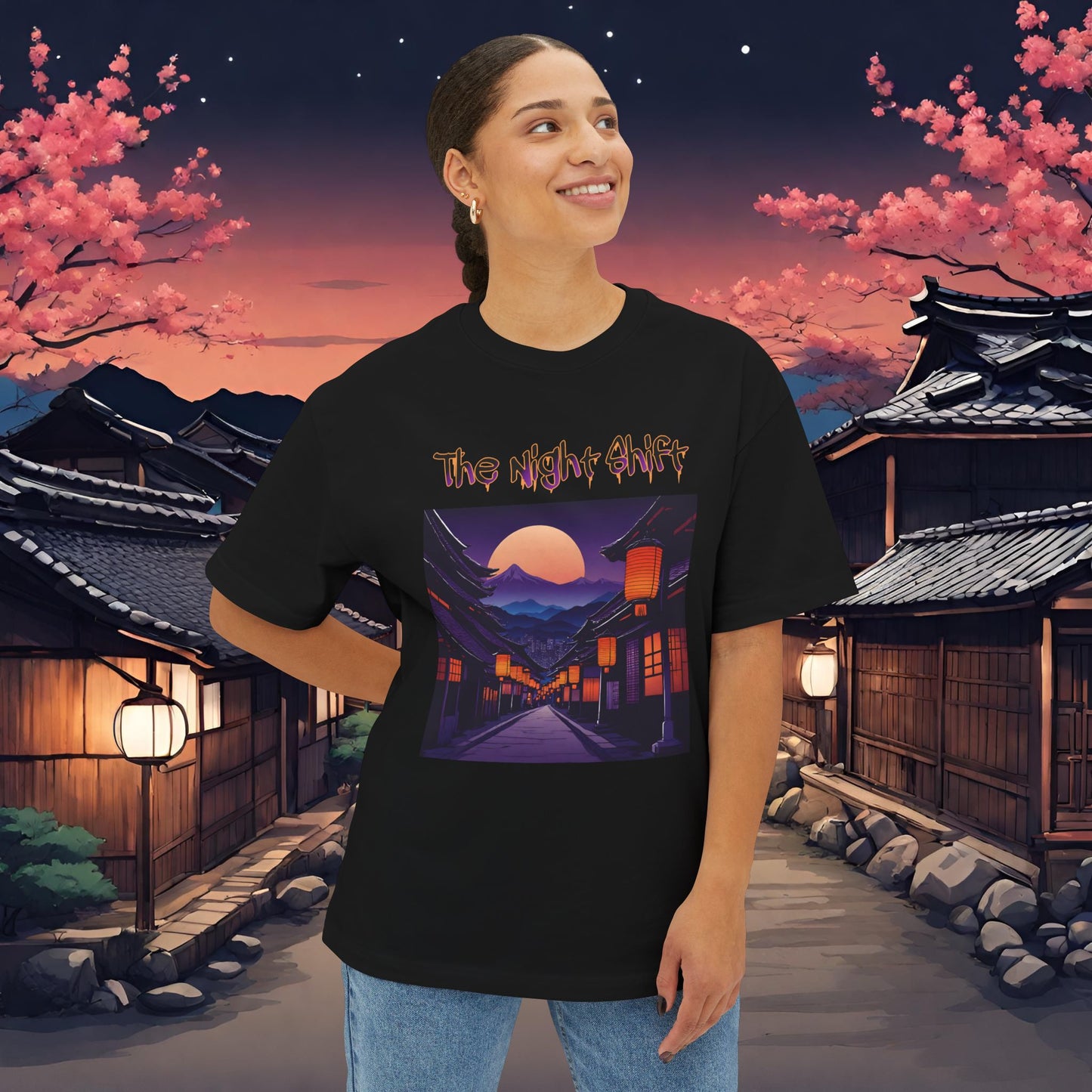 Moonlit Japanese Traditional Village-Premium, Ultra Soft Unisex Oversized Boxy Tee Printify by The Night Shift Automotive Apparel