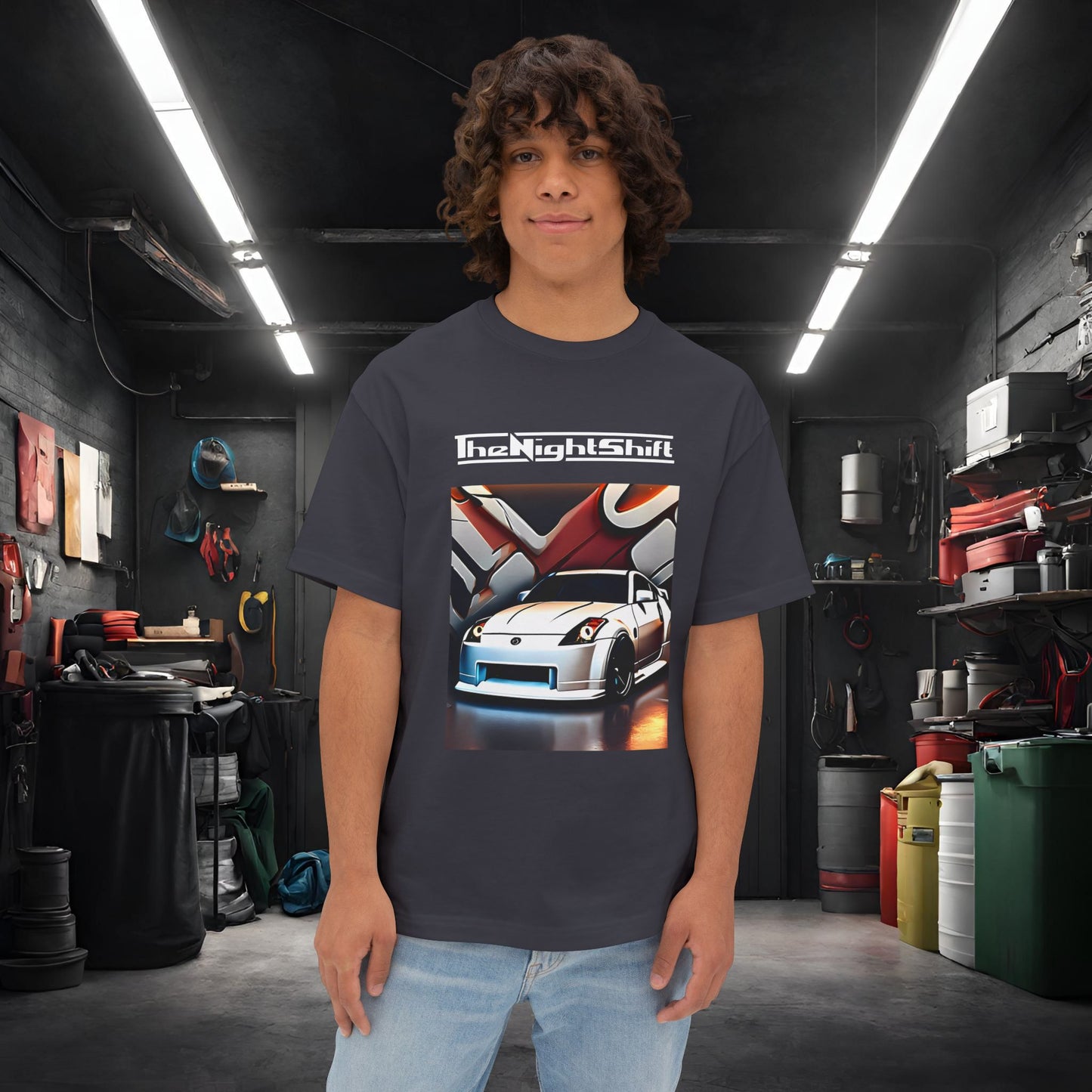 Nissan 350z Graffiti Wall-Premium, Ultra Soft, Unisex Oversized Boxy Tee Dark Grey Printify by The Night Shift Automotive Apparel