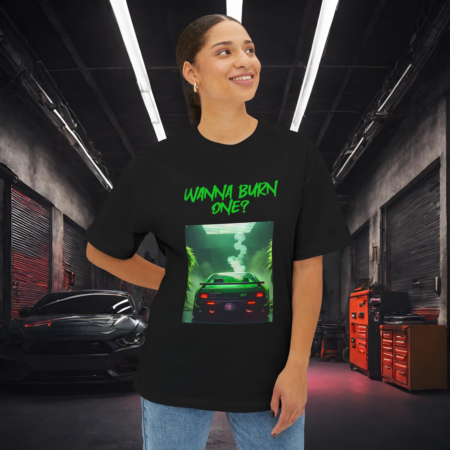 Wanna Burn One-Premium, Ultra Soft Unisex Oversized Boxy Tee Printify by The Night Shift Automotive Apparel