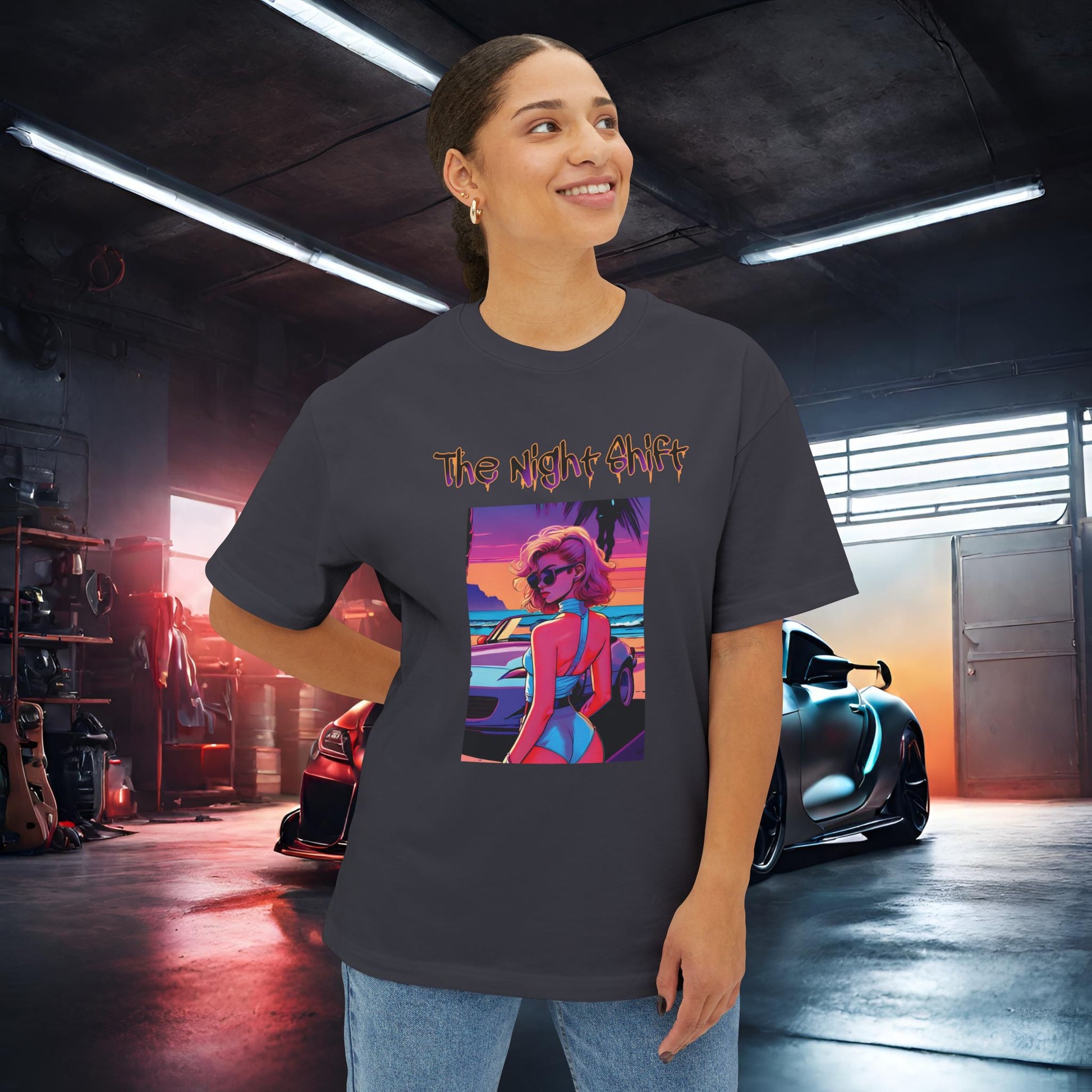 Miata Beach Days Synthwave-Premium, Ultra Soft Unisex Oversized Boxy Tee Printify by The Night Shift Automotive Apparel