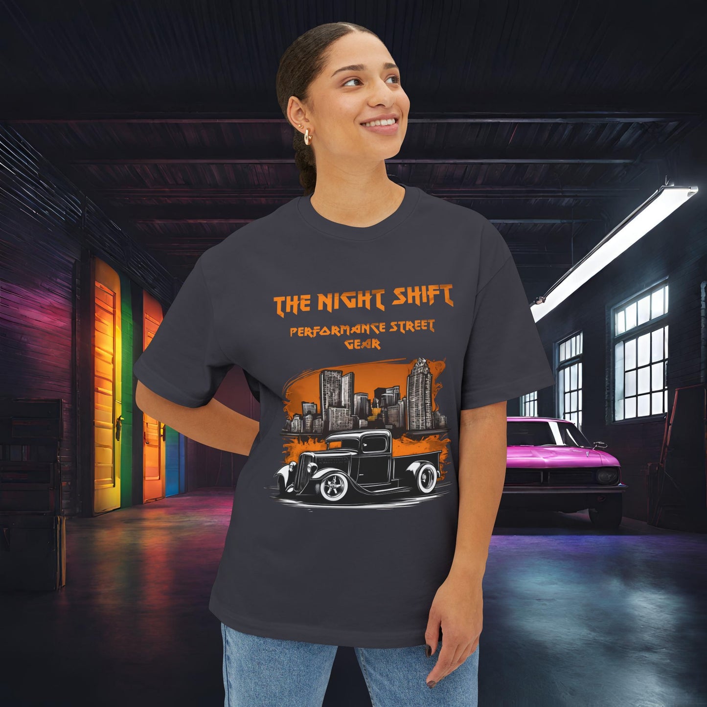 1930's Hot Rod Pick Up Urban Streets-Premium, Ultra Soft Unisex Oversized Boxy Tee Printify by The Night Shift Automotive Apparel