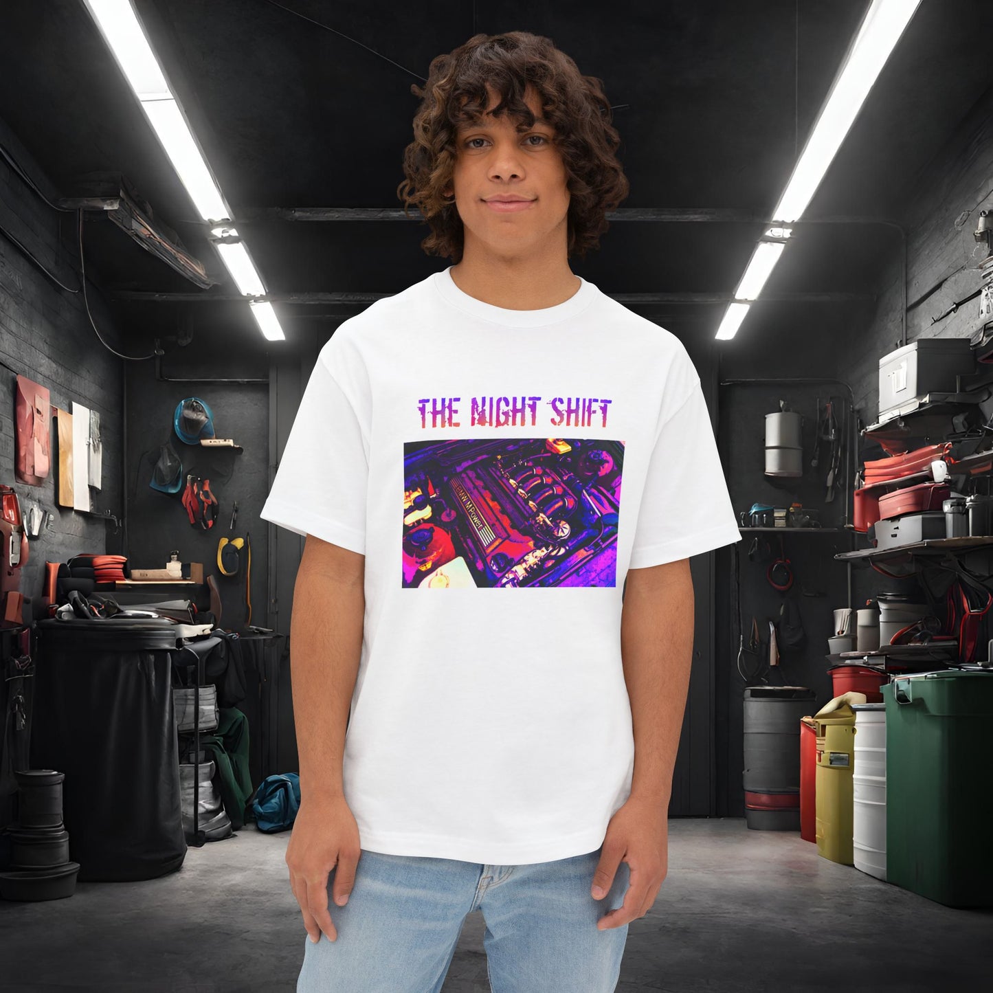 S50B32 Synthwave-Premium, Ultra Soft Unisex Oversized Boxy Tee White Printify by The Night Shift Automotive Apparel