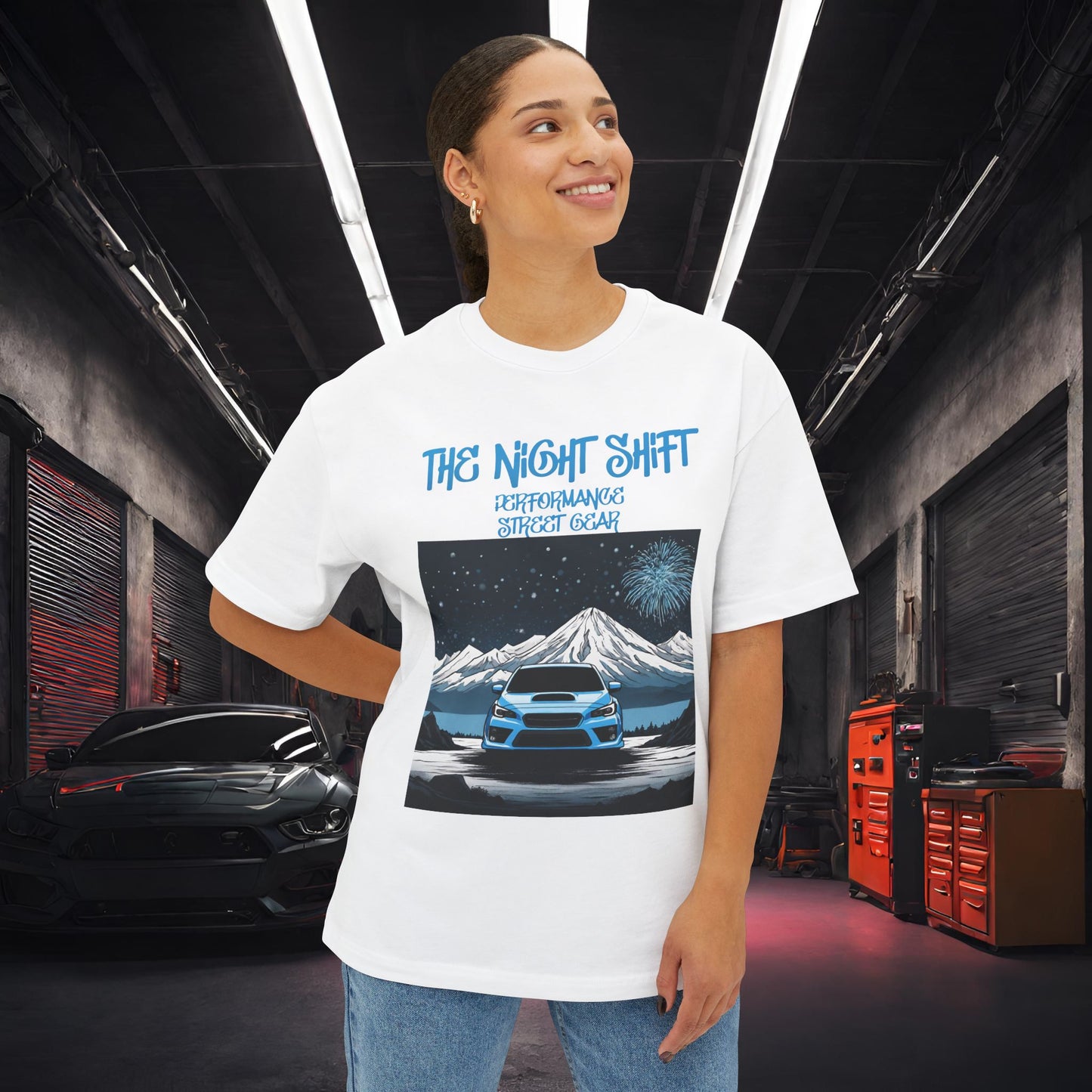 Subaru WRX Fireworks In The Mountains-Premium, Ultra Soft Unisex Oversized Boxy Tee Printify by The Night Shift Automotive Apparel
