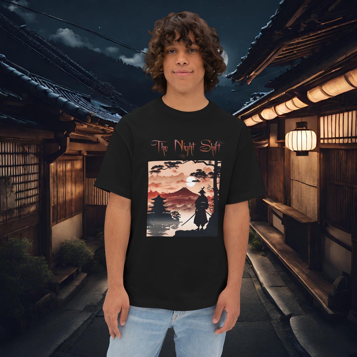 Samurai Volcano Silhouette-Premium, Ultra Soft Unisex Oversized Boxy Tee Black Printify by The Night Shift Automotive Apparel