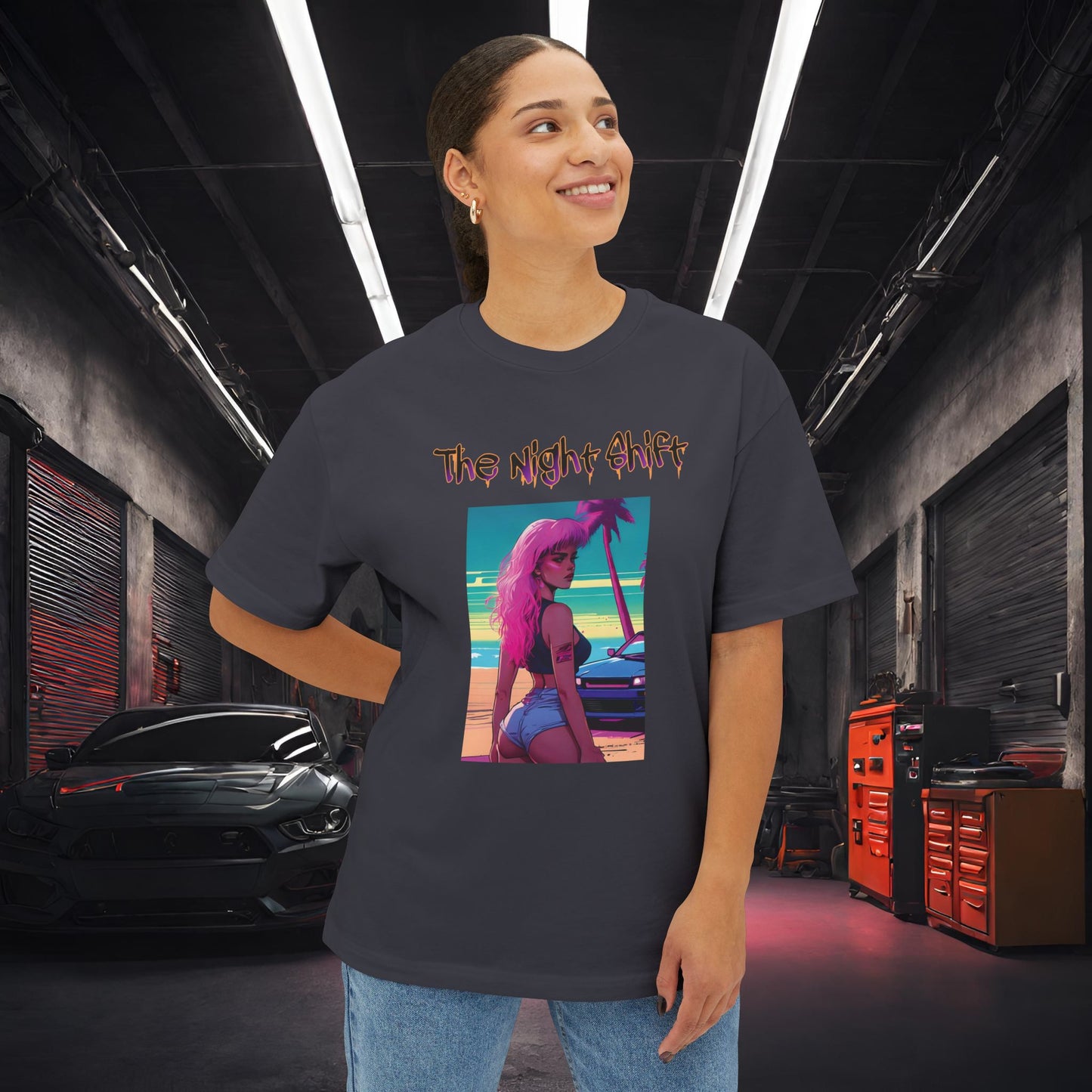 Pink Hair, Don't Care Synthwave-Premium, Ultra Soft Unisex Oversized Boxy Tee Printify by The Night Shift Automotive Apparel
