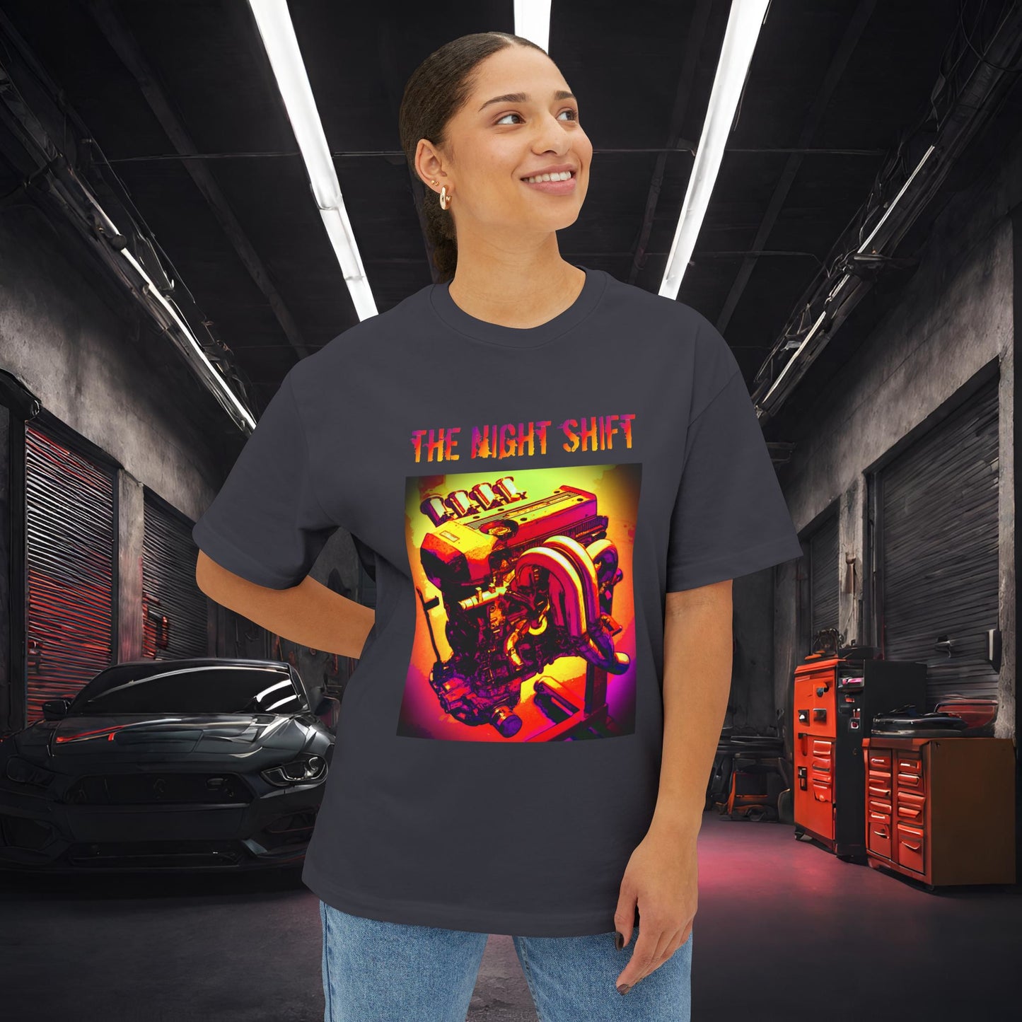 3S-GE ITB Synthwave-Premium, Ultra Soft Unisex Oversized Boxy Tee Dark Grey Printify by The Night Shift Automotive Apparel