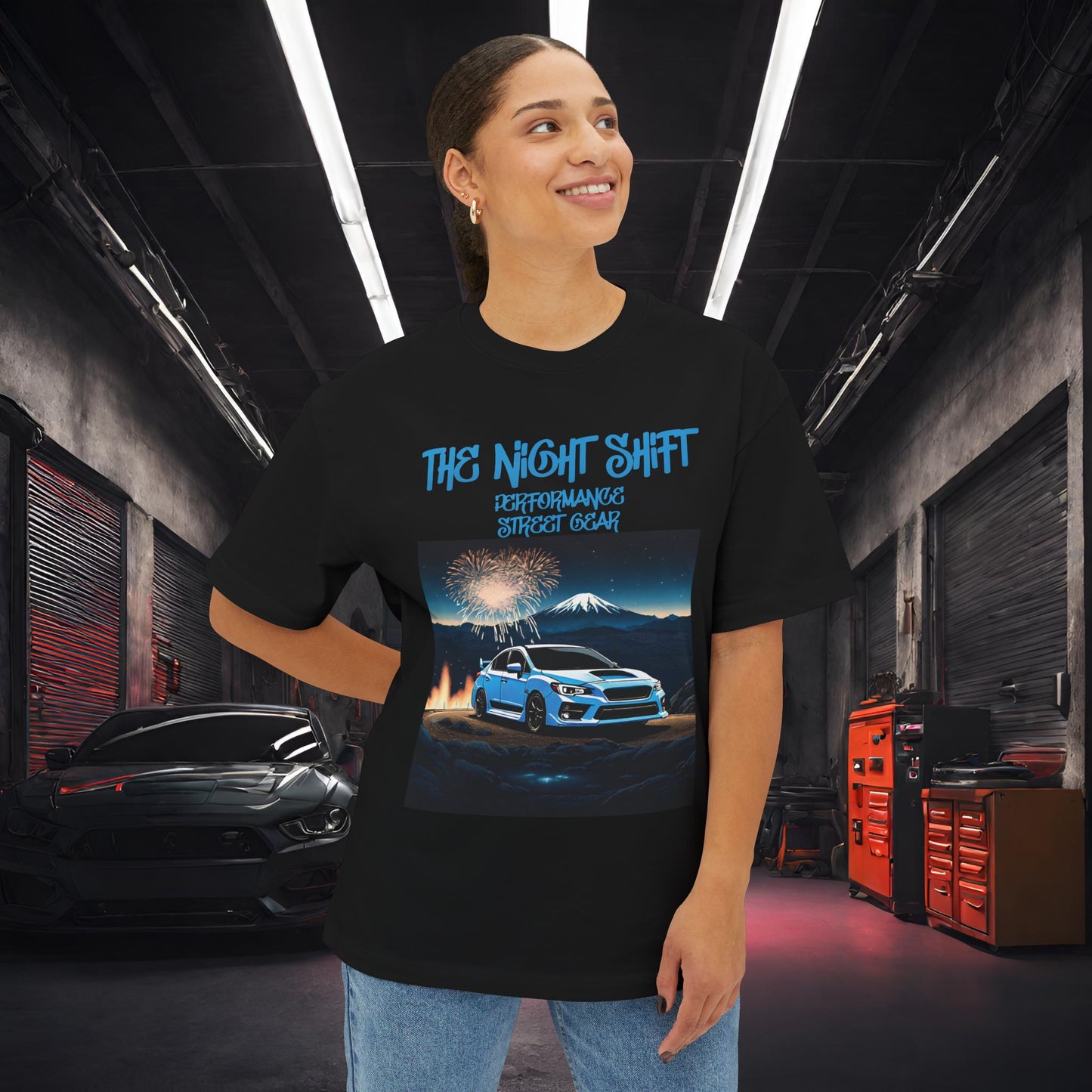 Subaru WRX/STI Fireworks In The Mountains - Premium, Ultra Soft Unisex Oversized Boxy Tee Printify by The Night Shift Automotive Apparel