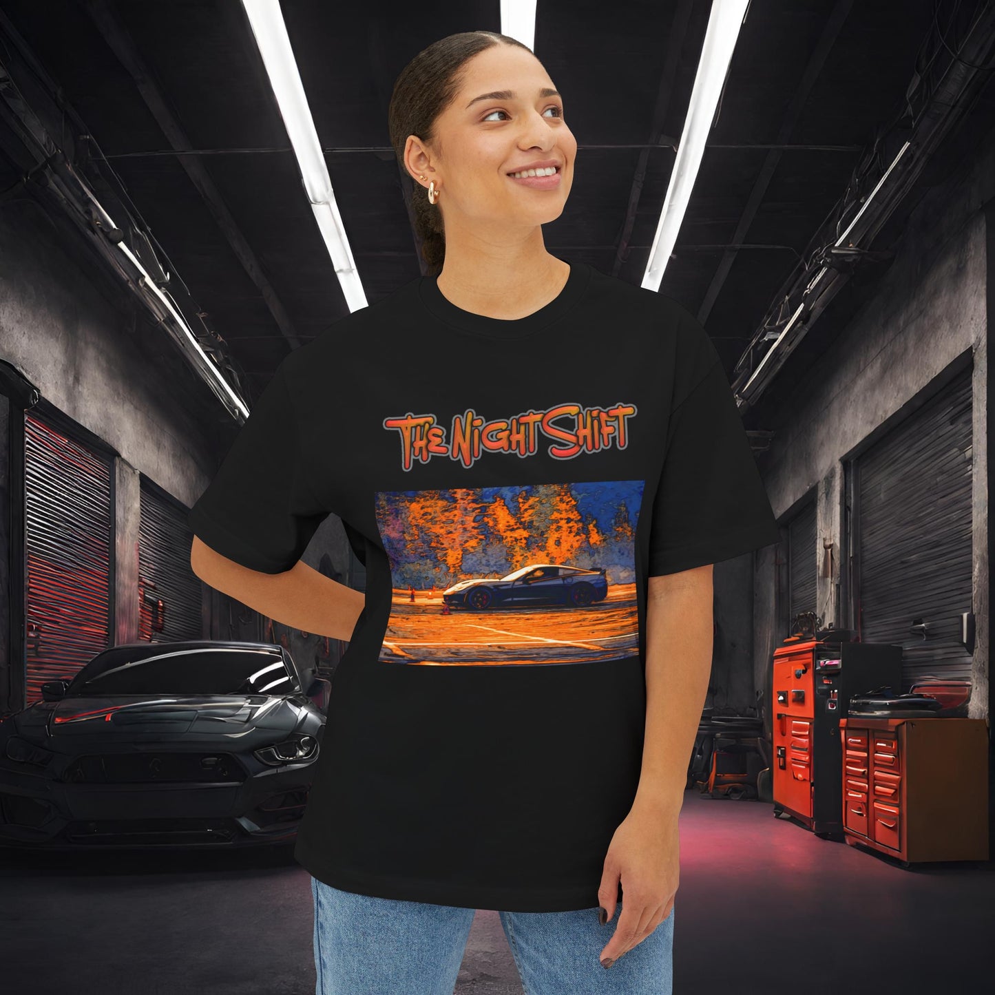 Chevy Corvette C7 Drifting Nedco NHMS-Premium, Ultra Soft Unisex Oversized Boxy Tee Printify by The Night Shift Automotive Apparel