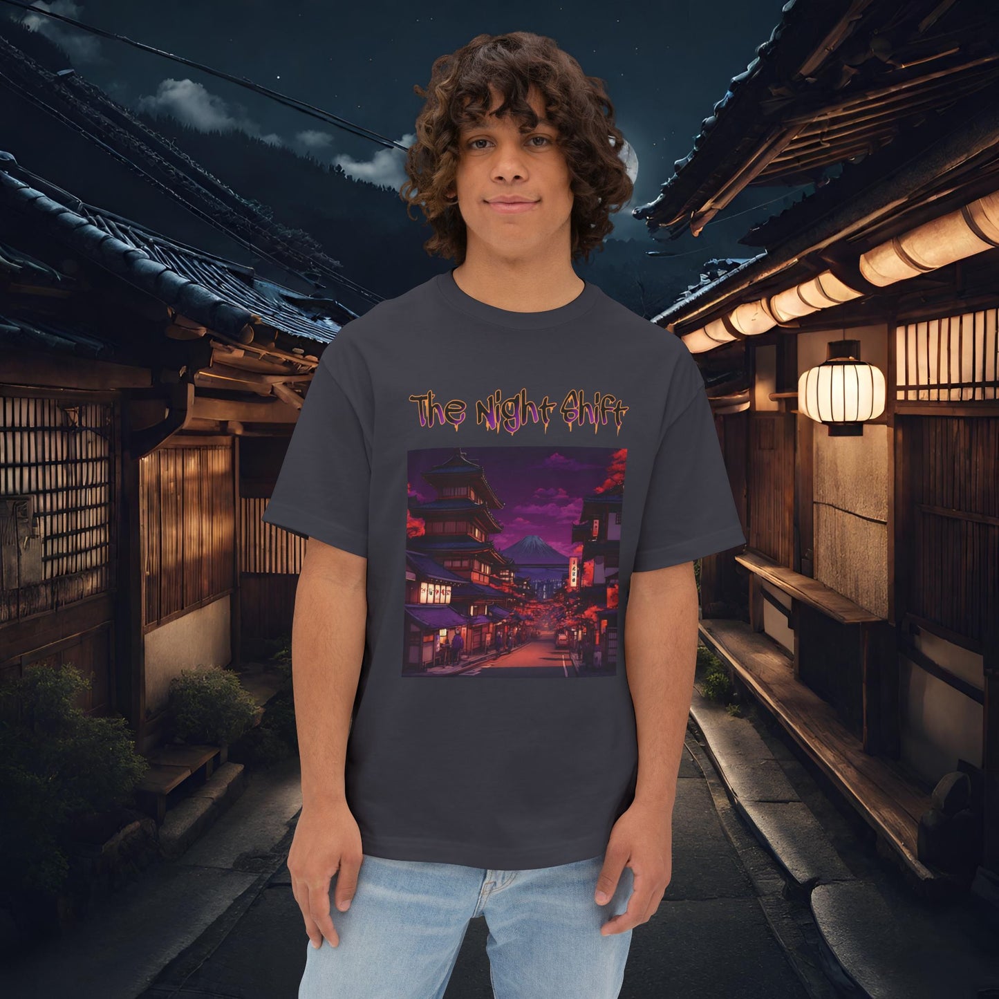 Volcanic Japanese Village-Premium, Ultra Soft Unisex Oversized Boxy Tee Dark Grey Printify by The Night Shift Automotive Apparel