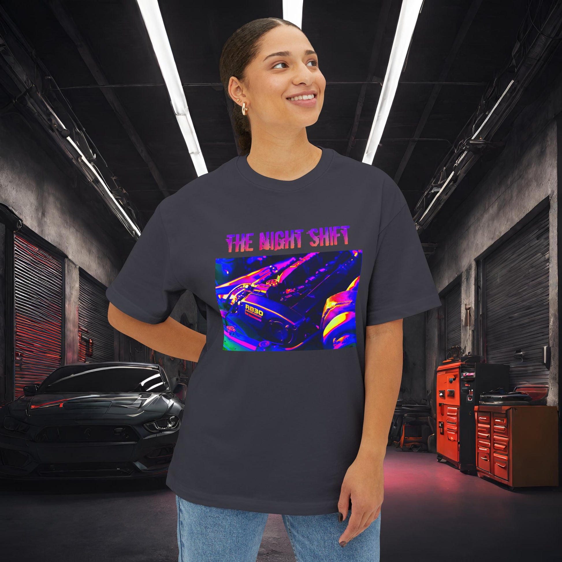 RB30 Synthwave-Premium, Ultra Soft Unisex Oversized Boxy Tee Printify by The Night Shift Automotive Apparel