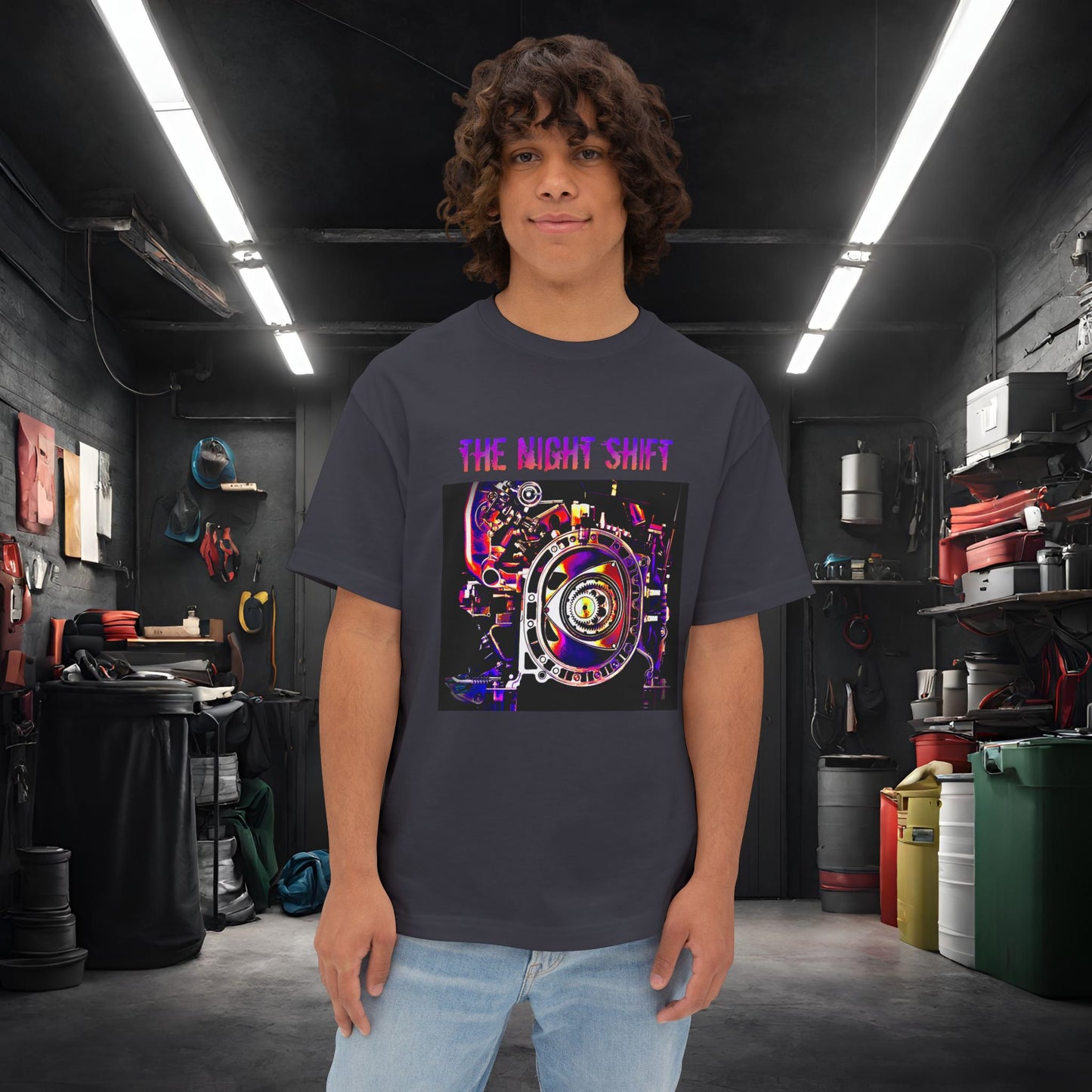 13B-REW Synthwave-Premium, Ultra Soft Unisex Oversized Boxy Tee Dark Grey Printify by The Night Shift Automotive Apparel