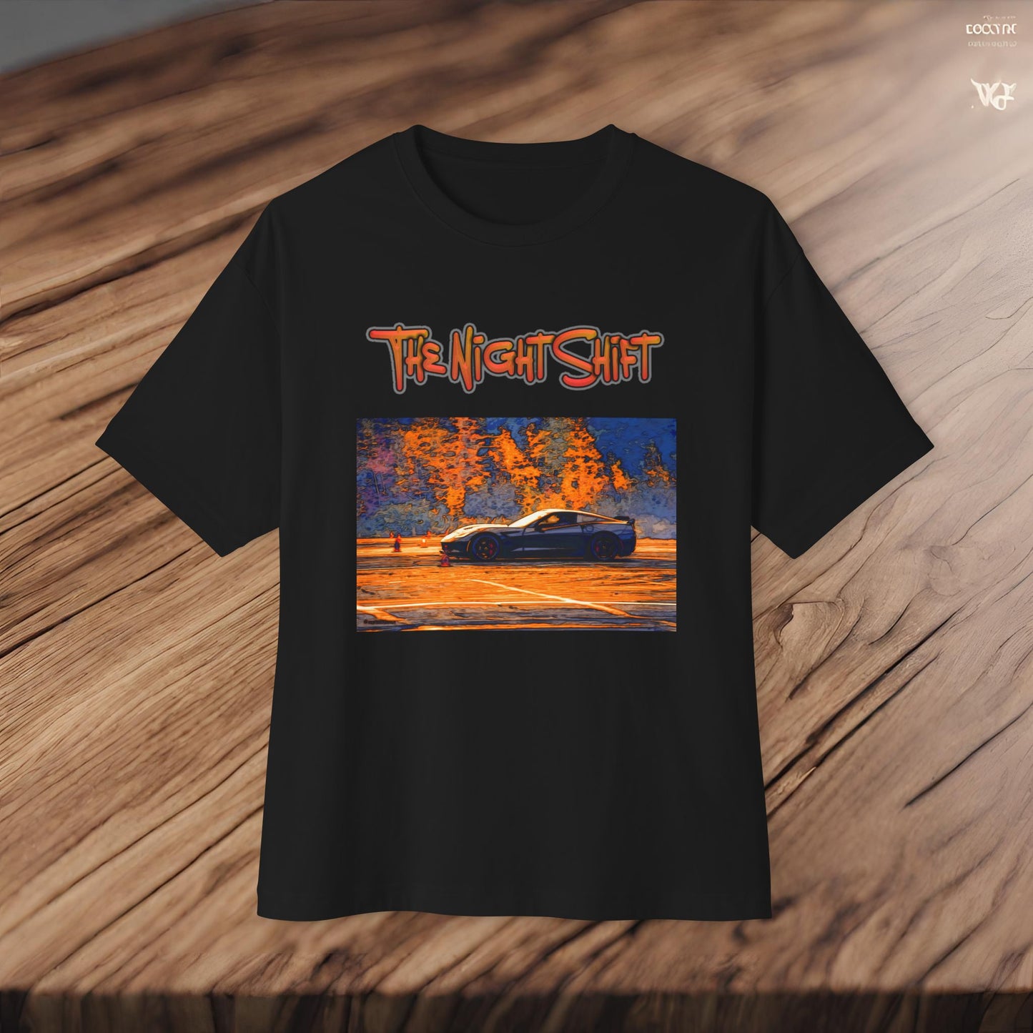 Chevy Corvette C7 Drifting Nedco NHMS-Premium, Ultra Soft Unisex Oversized Boxy Tee Printify by The Night Shift Automotive Apparel