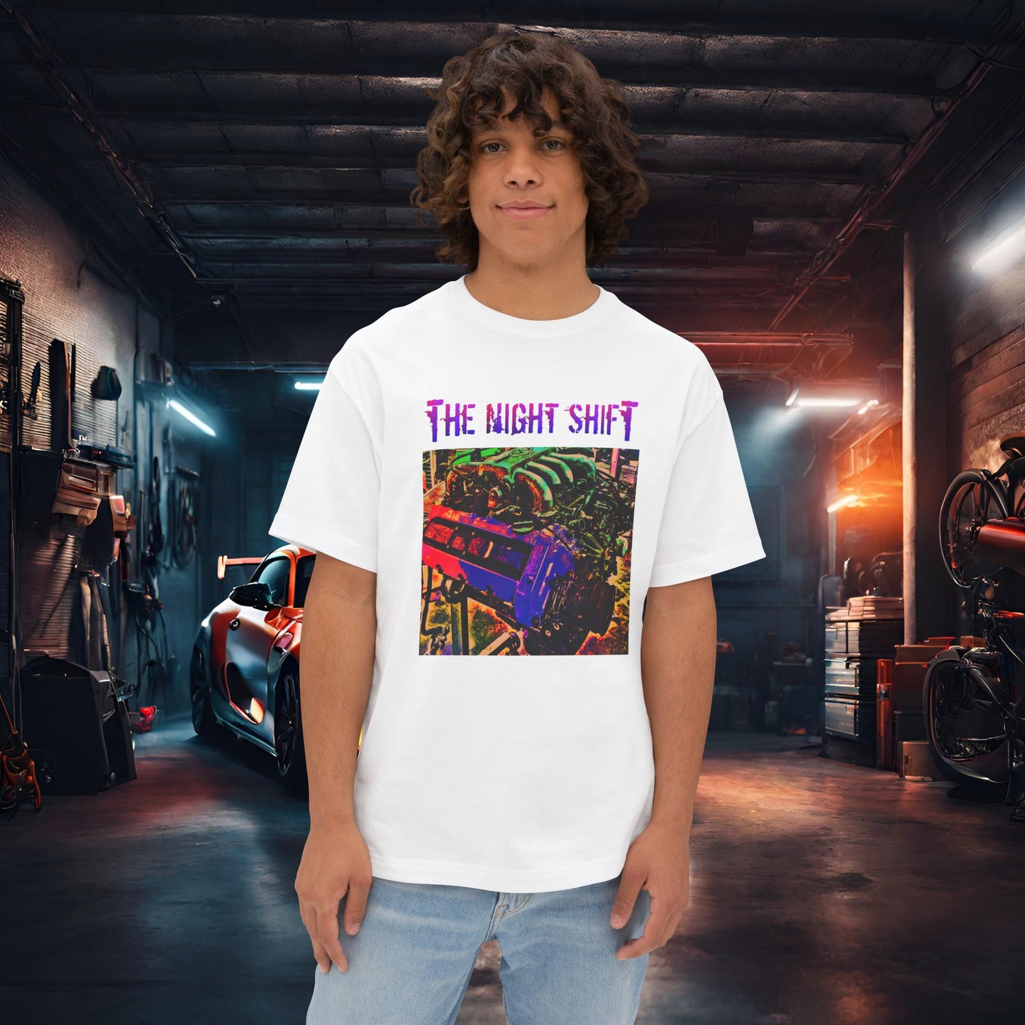 VH45DE Synthwave-Premium, Ultra Soft Unisex Oversized Boxy Tee White Printify by The Night Shift Automotive Apparel