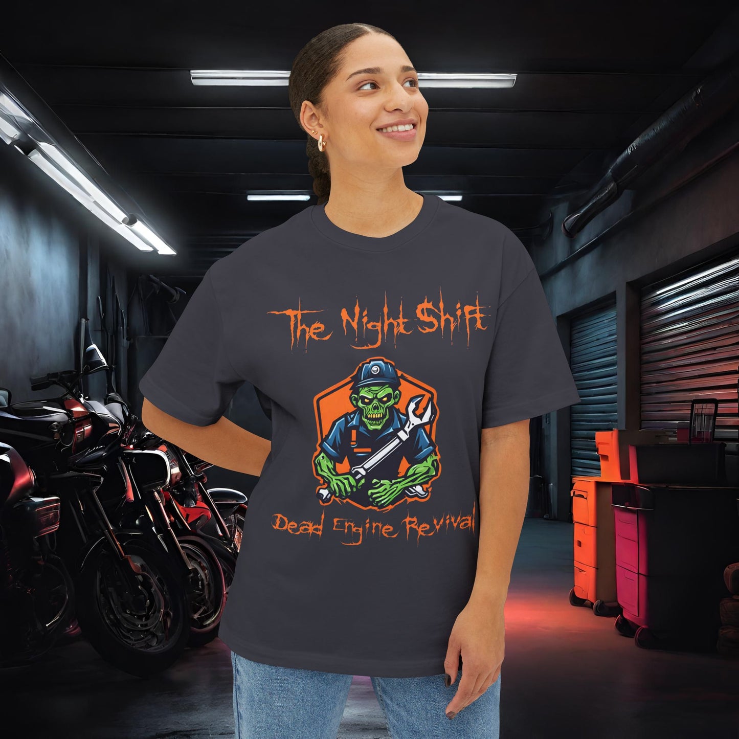 Zombie Dead Engine Revival-Premium, Ultra Soft Unisex Oversized Boxy Tee Printify by The Night Shift Automotive Apparel