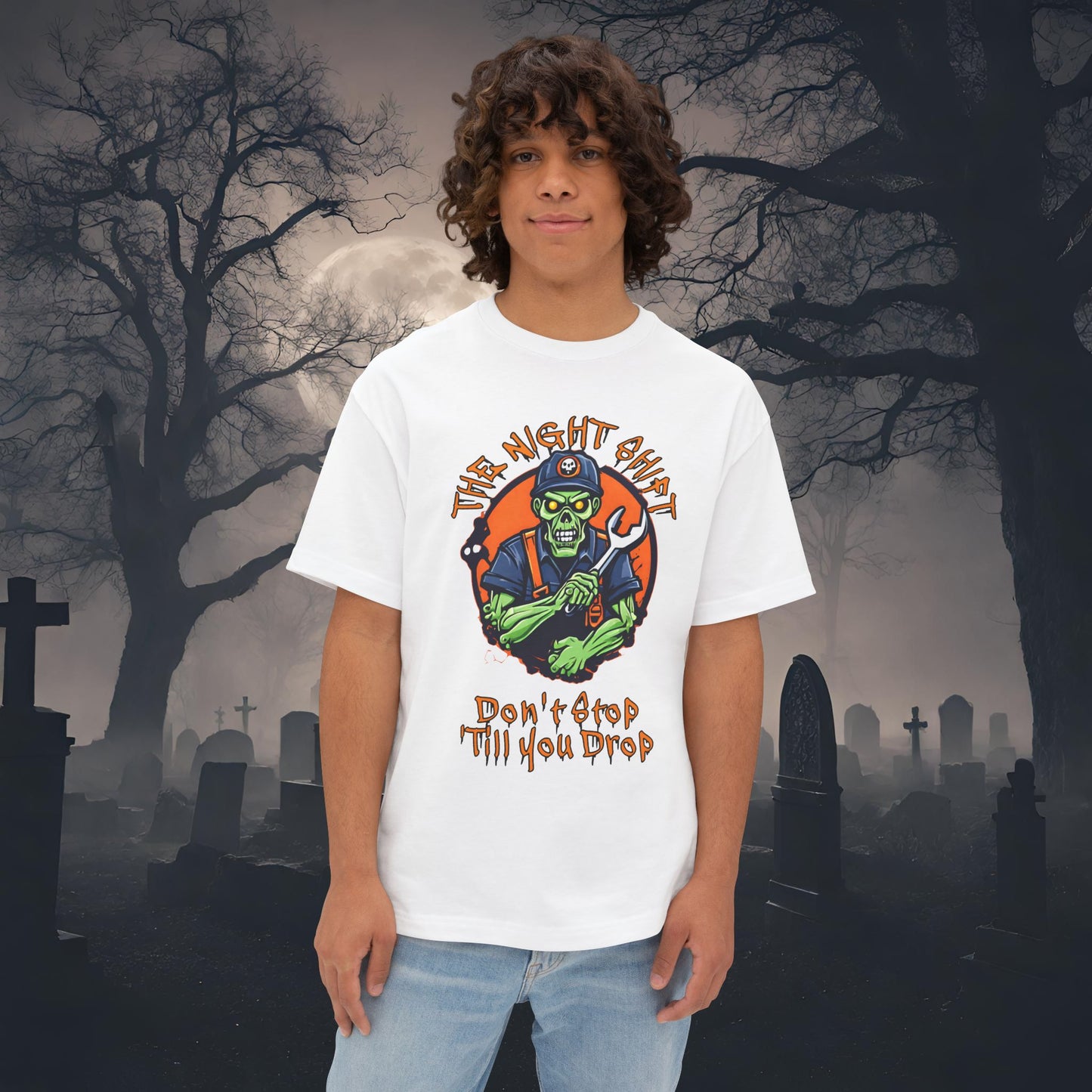 The Night Shift Zombie Mechanic-Premium, Ultra Soft Unisex Oversized Boxy Tee White Printify by The Night Shift Automotive Apparel