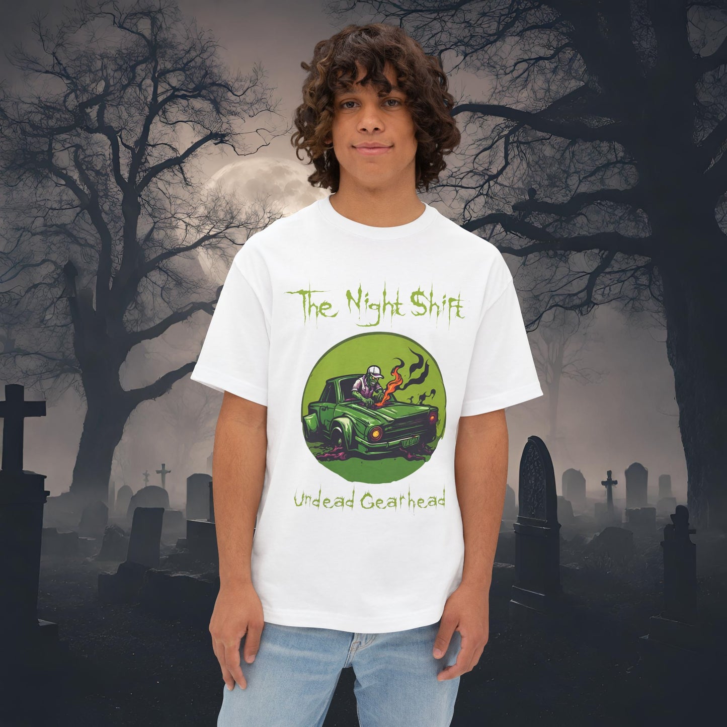 Undead Gearhead Zombie-Premium, Ultra Soft Unisex Oversized Boxy Tee White Printify by The Night Shift Automotive Apparel