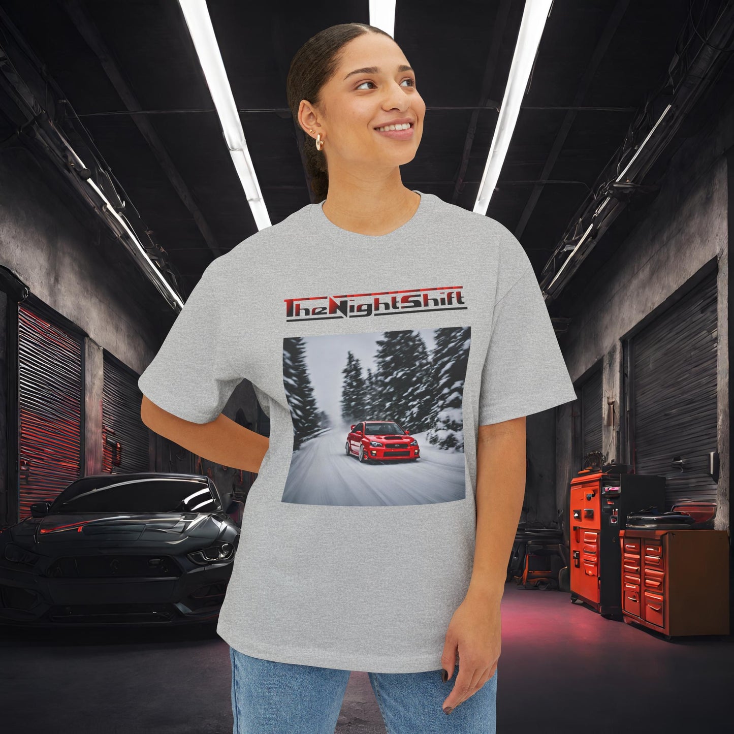 Subaru Impreza WRX/STI Snow Drifting-Premium, Ultra Soft Unisex Oversized Boxy Tee Printify by The Night Shift Automotive Apparel