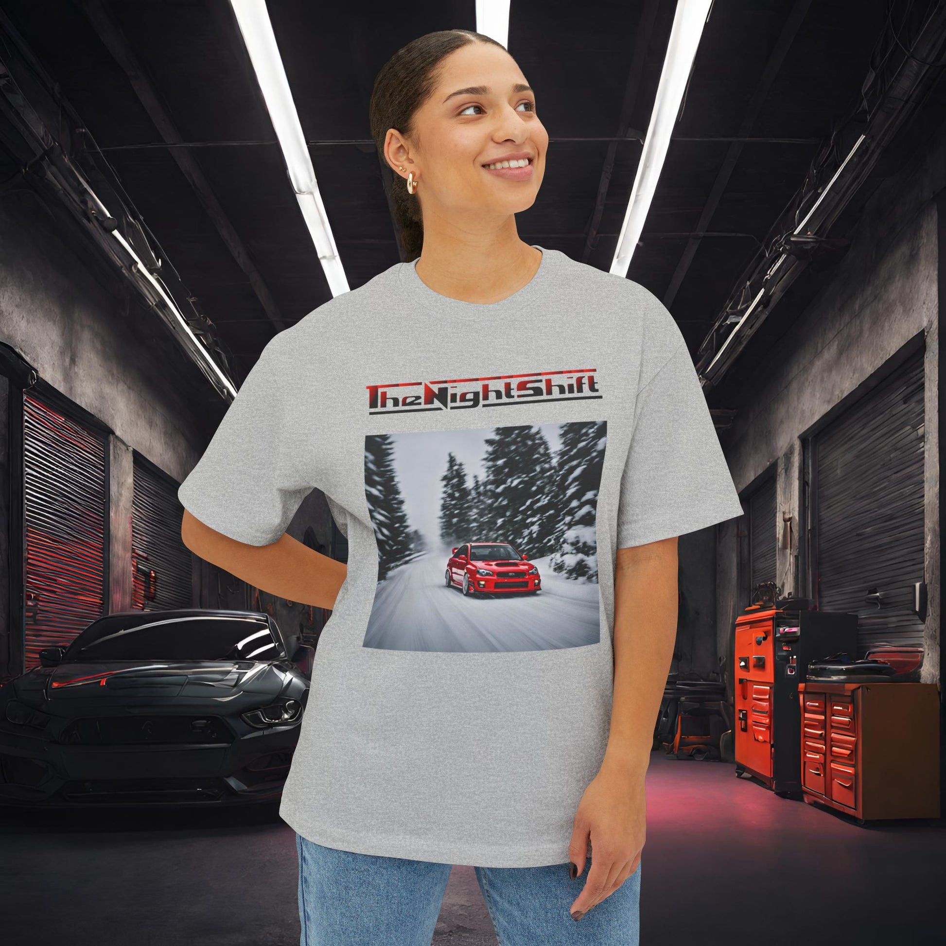 Subaru Impreza WRX/STI Snow Drifting-Premium, Ultra Soft Unisex Oversized Boxy Tee Printify by The Night Shift Automotive Apparel