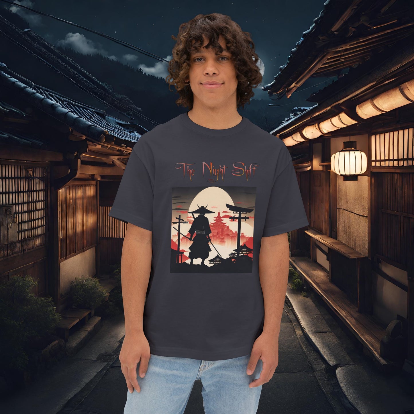 Samurai Full Moon Silhouette-Premium, Ultra Soft Unisex Oversized Boxy Tee Dark Grey Printify by The Night Shift Automotive Apparel