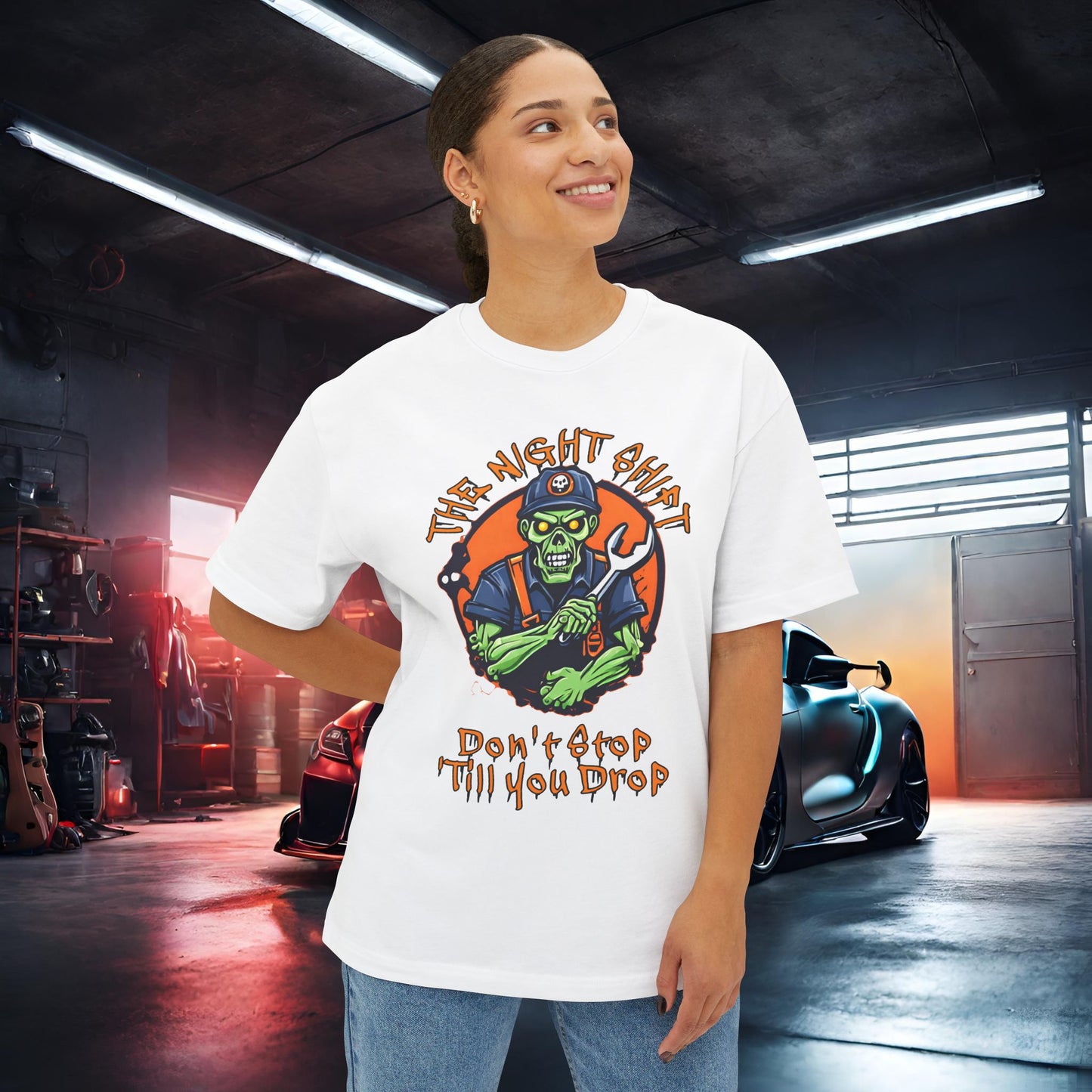 The Night Shift Zombie Mechanic-Premium, Ultra Soft Unisex Oversized Boxy Tee Printify by The Night Shift Automotive Apparel