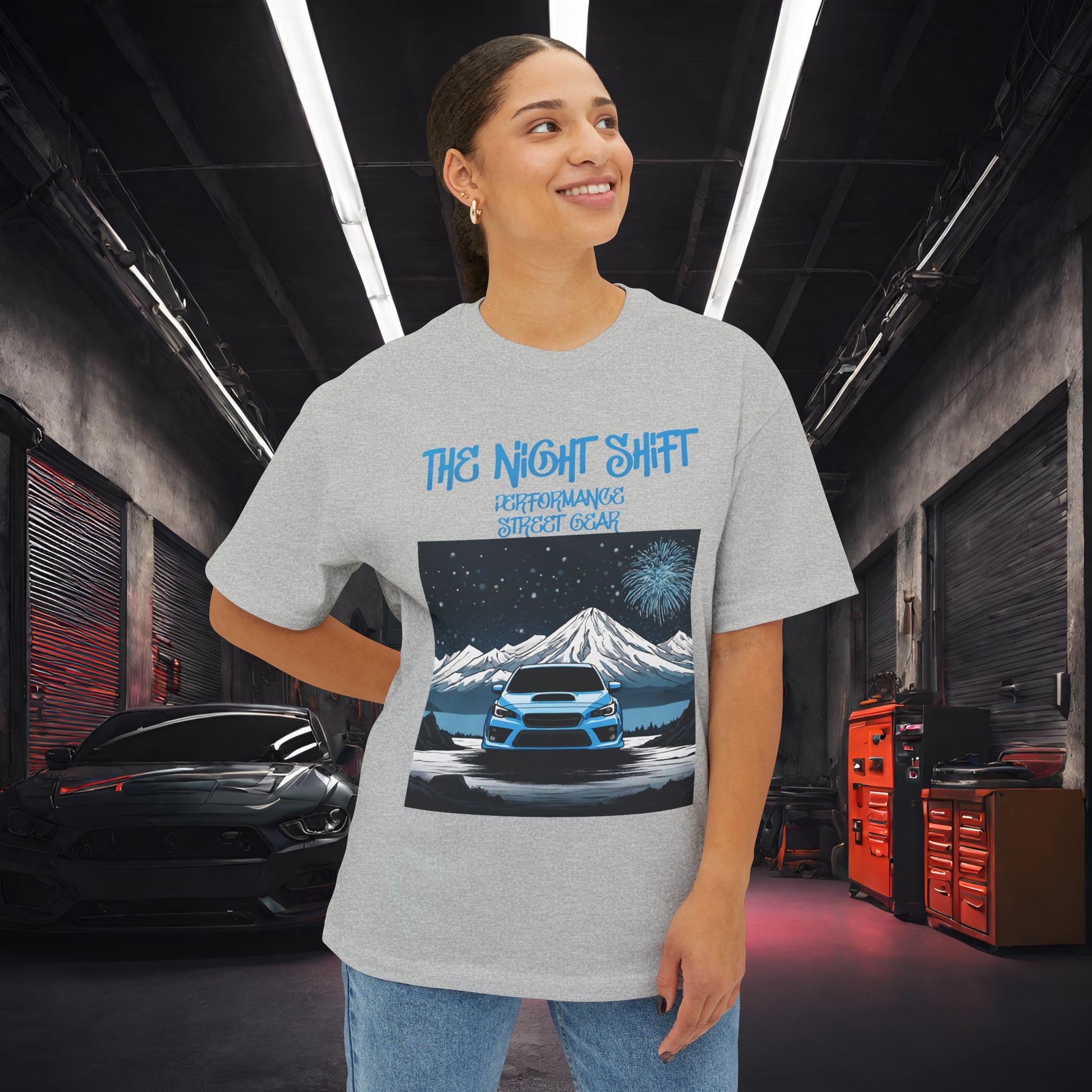 Subaru WRX Fireworks In The Mountains-Premium, Ultra Soft Unisex Oversized Boxy Tee Printify by The Night Shift Automotive Apparel