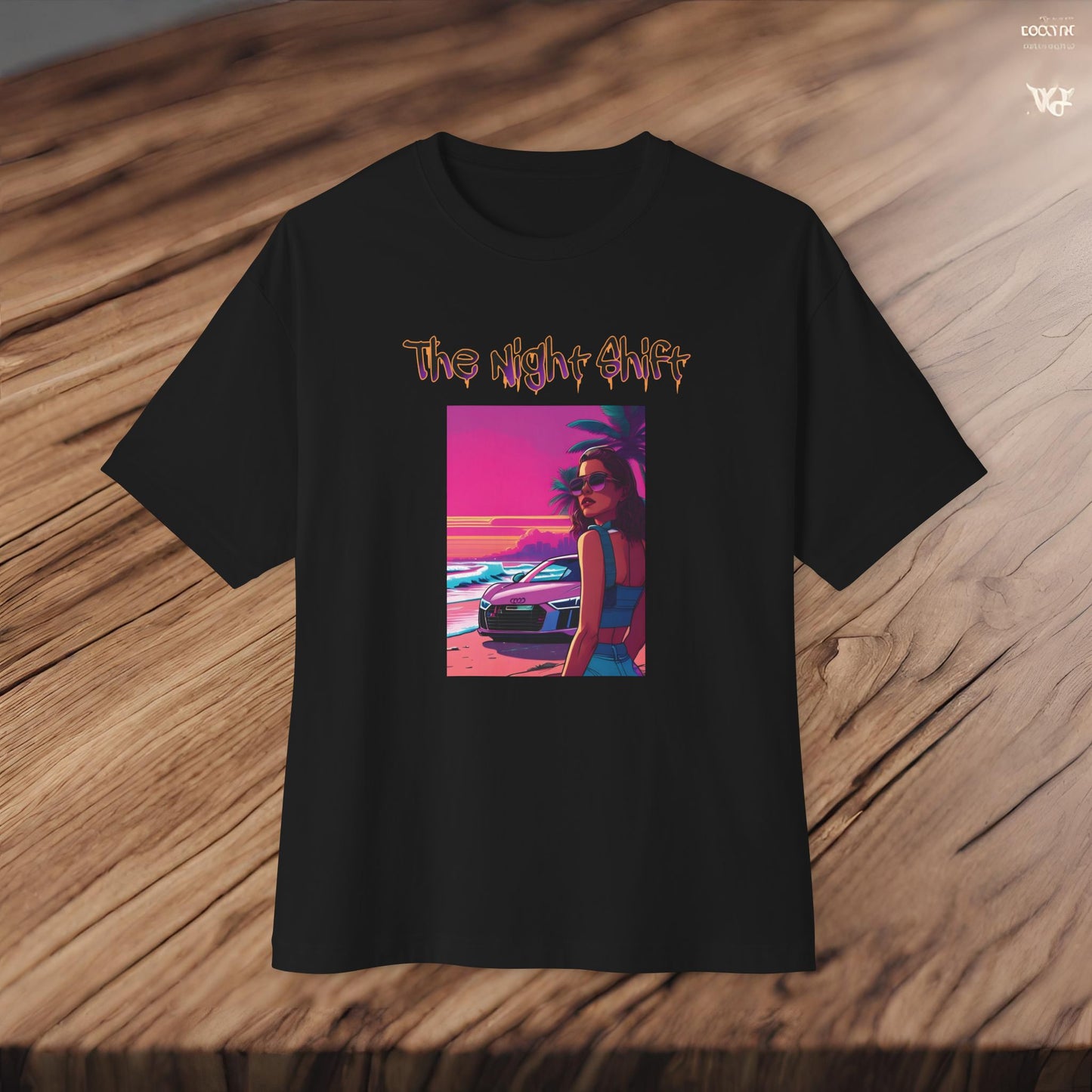 Audi R8 Beach Cruise Synthwave-Premium, Ultra Soft Unisex Oversized Boxy Tee Printify by The Night Shift Automotive Apparel