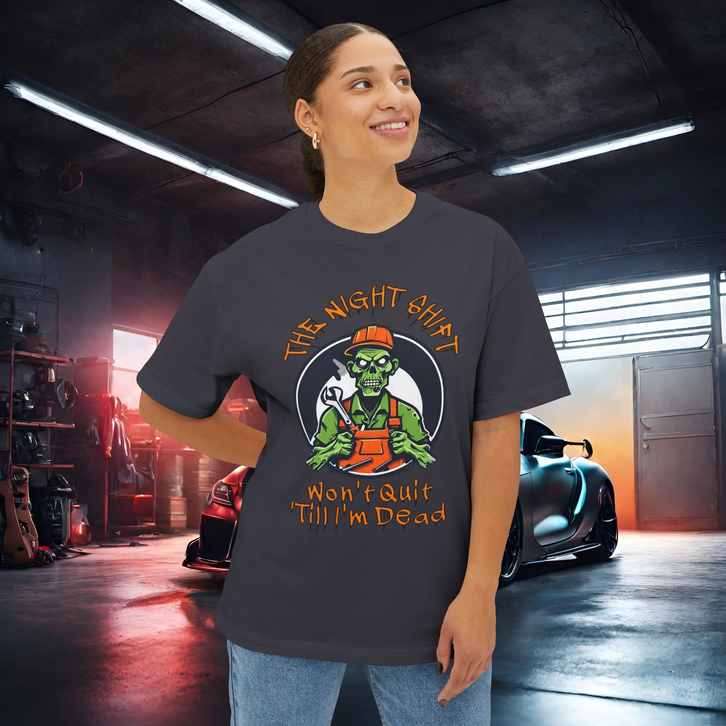 Zombie Mechanic-Premium, Ultra Soft Unisex Oversized Boxy Tee Printify by The Night Shift Automotive Apparel