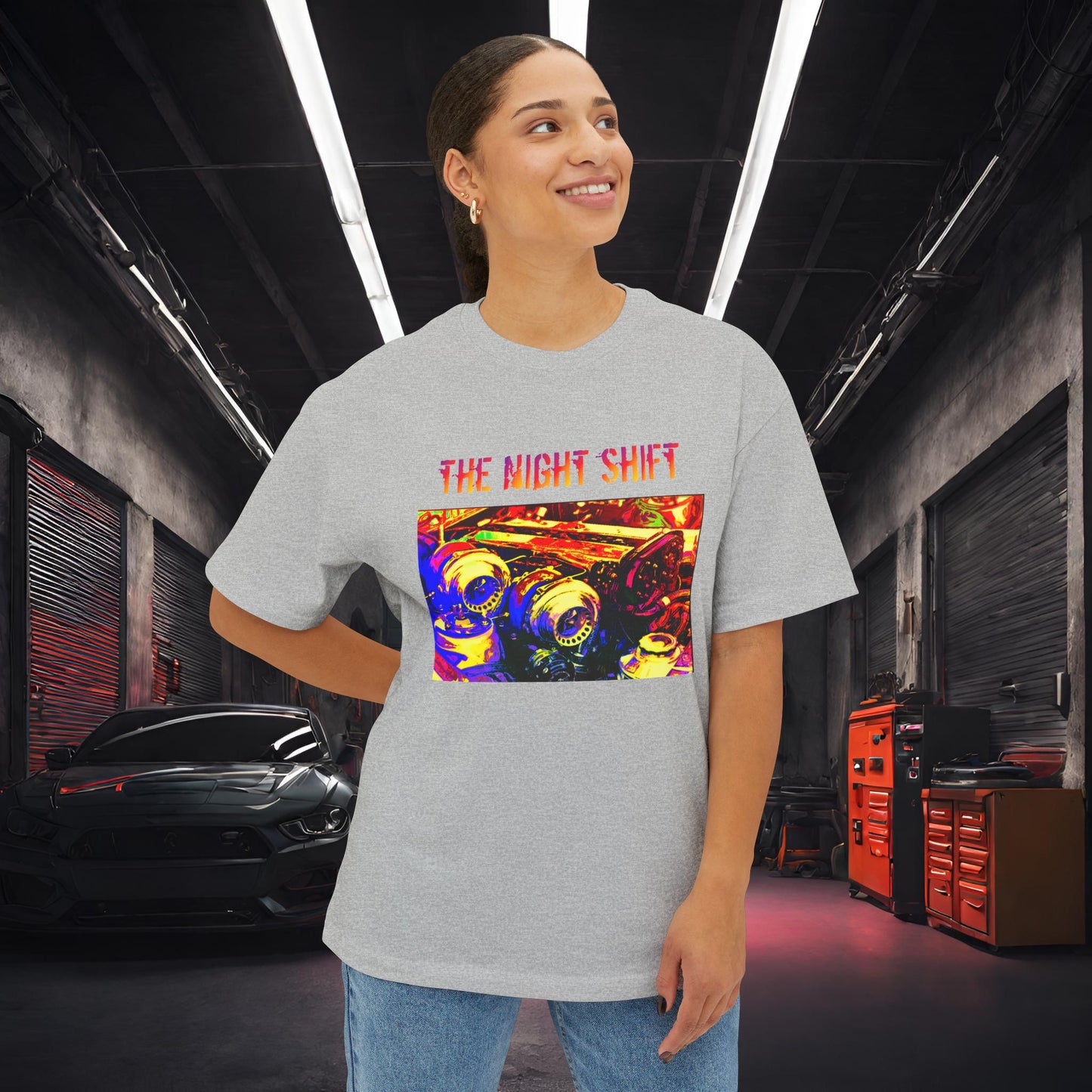 1JZ-GTE Twin Turbo Synthwave-Premium, Ultra Soft Unisex Oversized Boxy Tee Printify by The Night Shift Automotive Apparel
