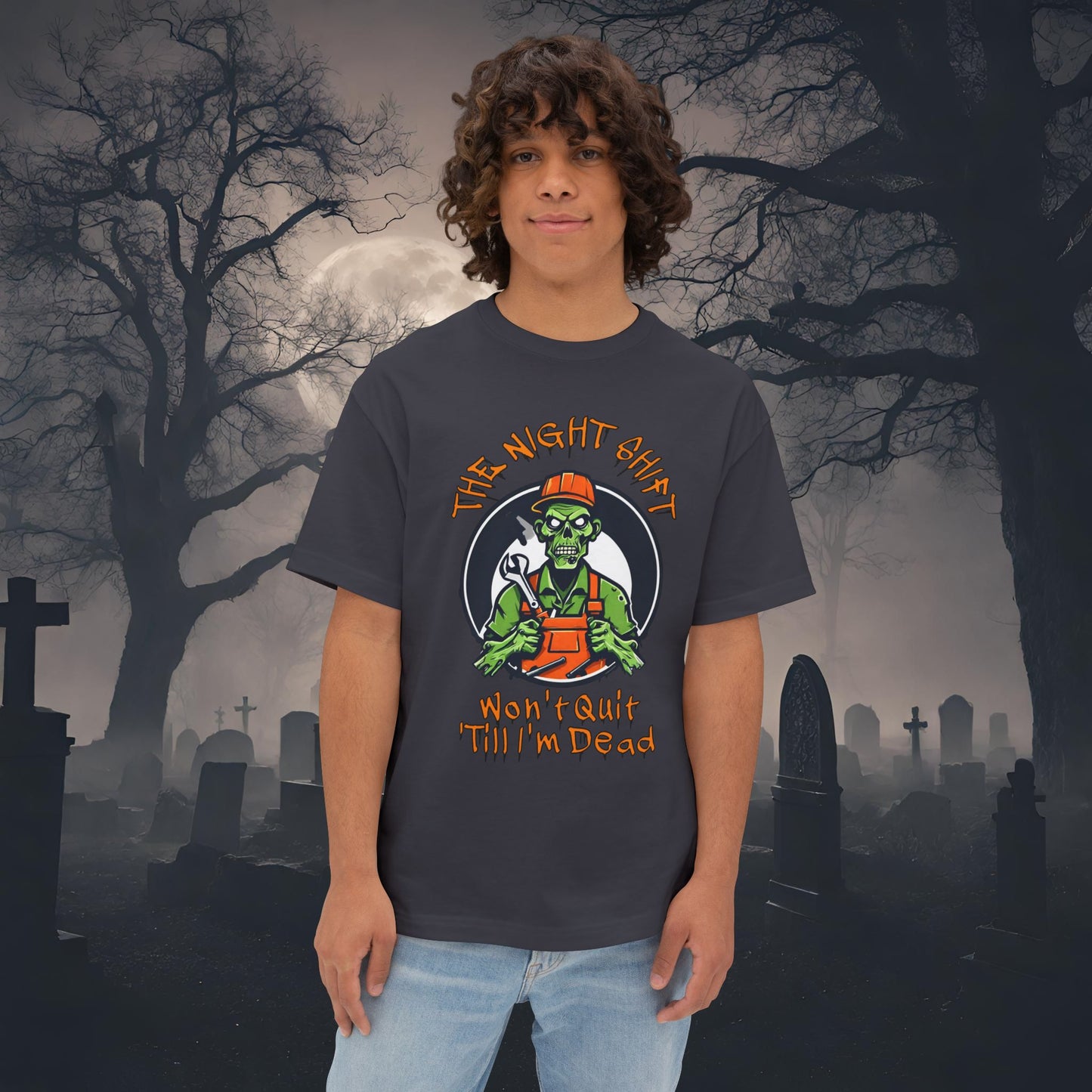 Zombie Mechanic-Premium, Ultra Soft Unisex Oversized Boxy Tee Dark Grey Printify by The Night Shift Automotive Apparel