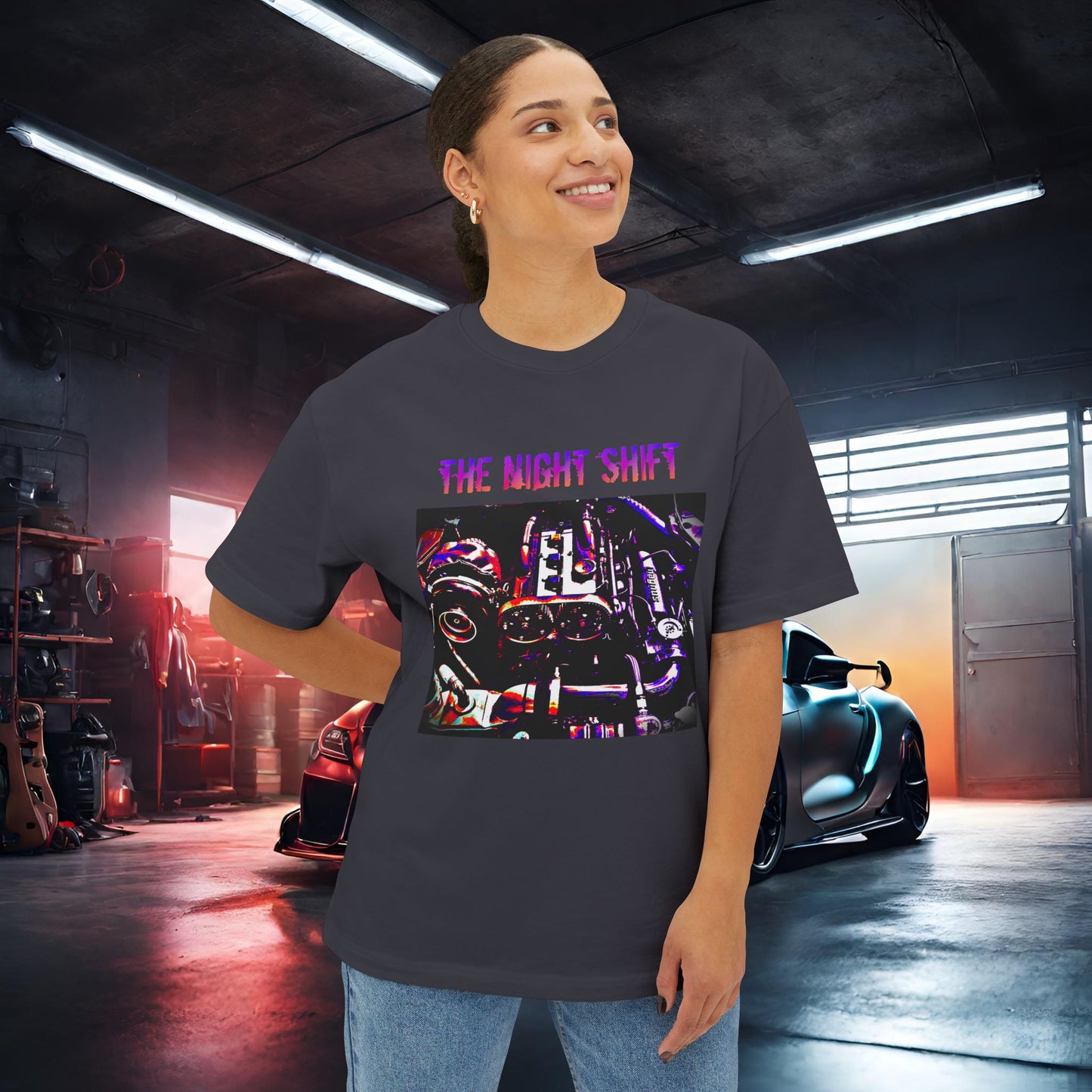 4G63 Synthwave-Premium, Ultra Soft Unisex Oversized Boxy Tee Printify by The Night Shift Automotive Apparel