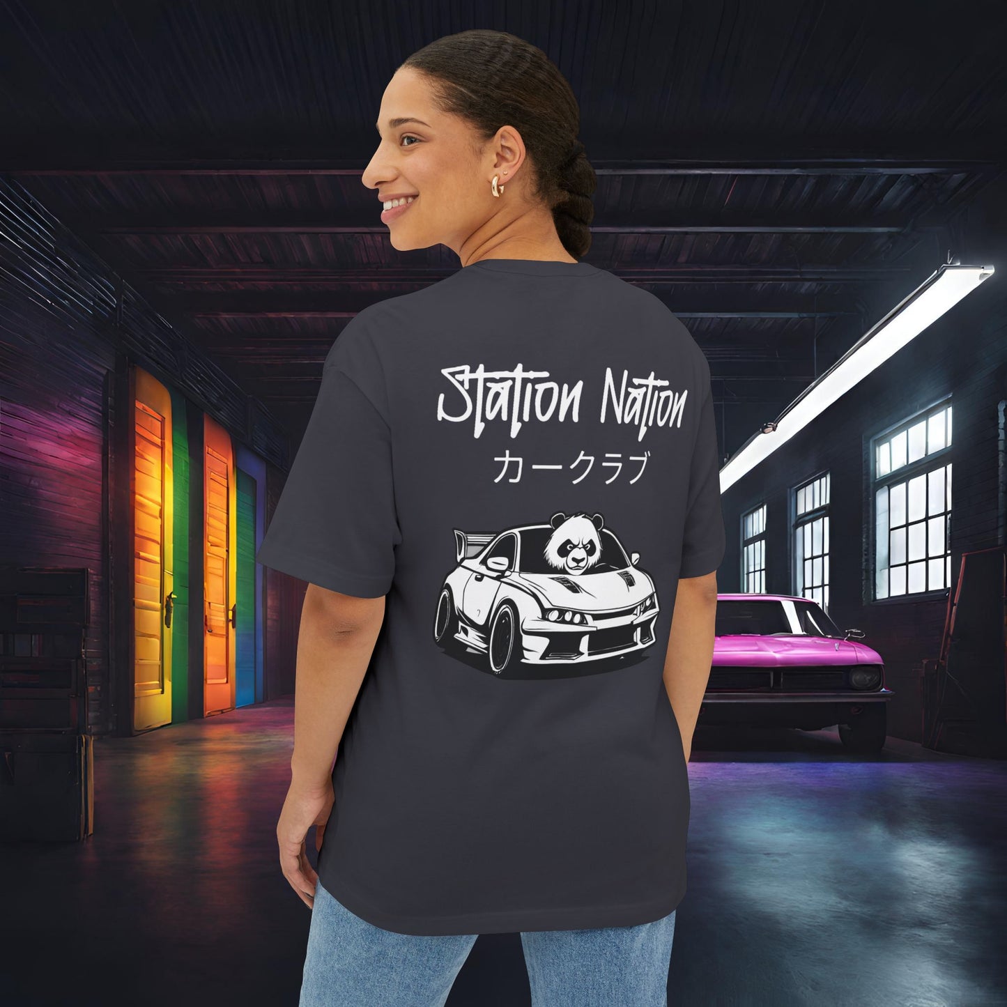 Station Nation-Premium, Ultra Soft Unisex Oversized Boxy Tee Dark Grey Printify by The Night Shift Automotive Apparel