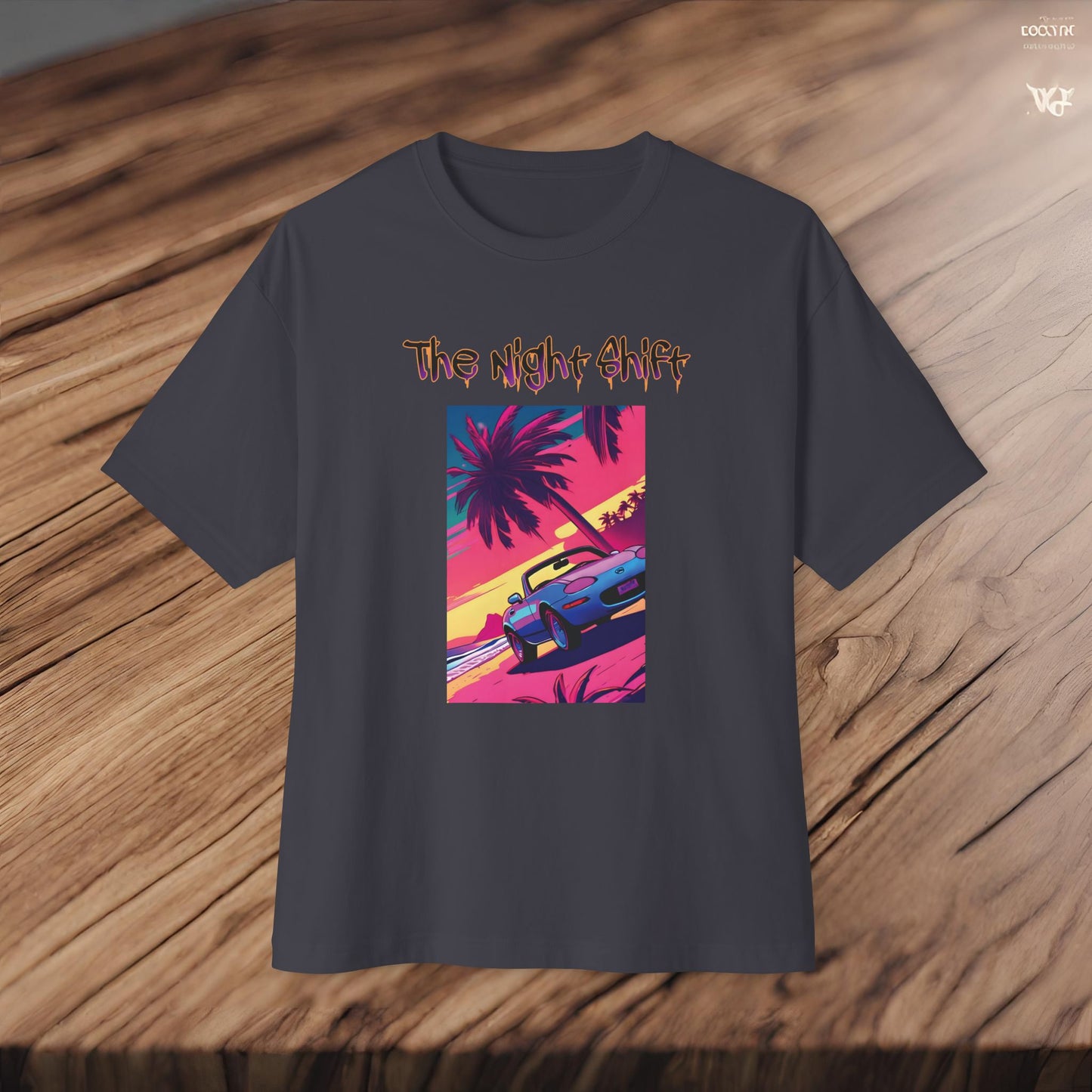 Miata Topless Beach Cruise Synthwave-Premium, Ultra Soft Unisex Oversized Boxy Tee Printify by The Night Shift Automotive Apparel
