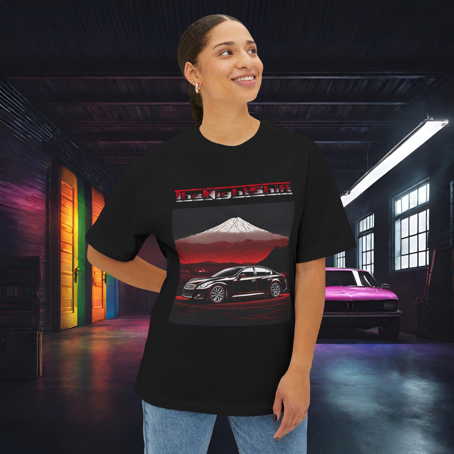 Infiniti G37 Sedan Mt Fuji-Premium, Ultra Soft, Unisex Oversized Boxy Tee Printify by The Night Shift Automotive Apparel