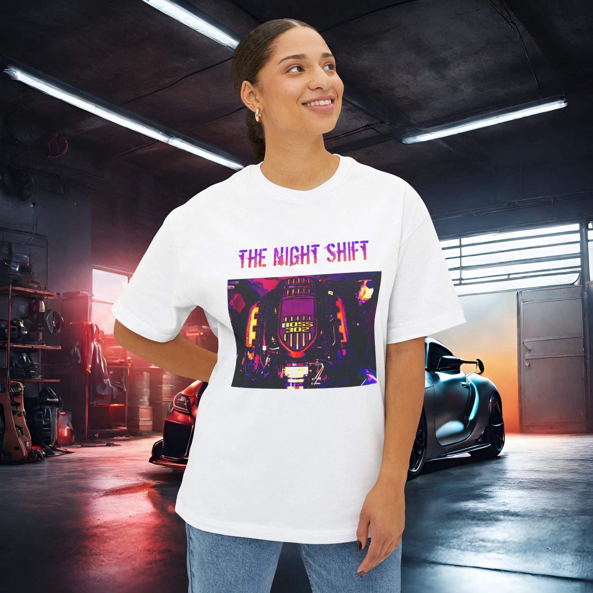 Coyote Boss 302 Synthwave-Premium, Ultra Soft Unisex Oversized Boxy Tee Printify by The Night Shift Automotive Apparel