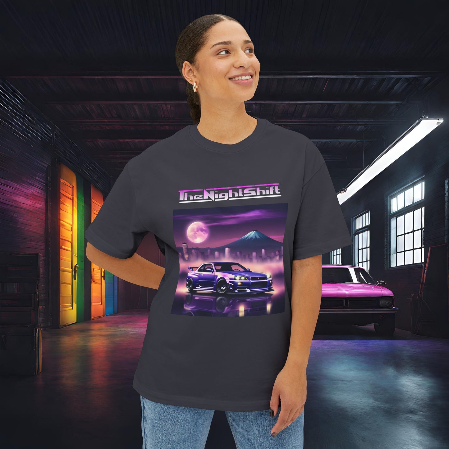 Nissan Skyline R34 Mt Fuji-Premium, Ultra Soft, Unisex Oversized Boxy Tee Printify by The Night Shift Automotive Apparel