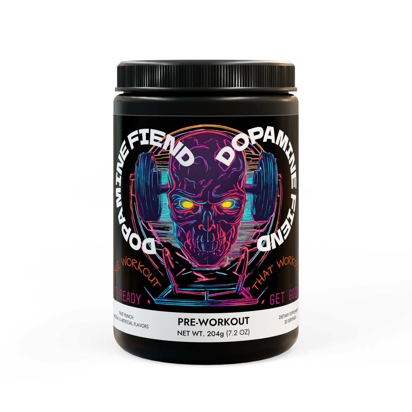 Dopamine Fiend - Pre-Workout Supplement (Fruit Punch) (204g, 7.1oz) Black jar + lid Fruit Punch NET WT 7.2 OZ (204g) Printify by The Night Shift Automotive Apparel