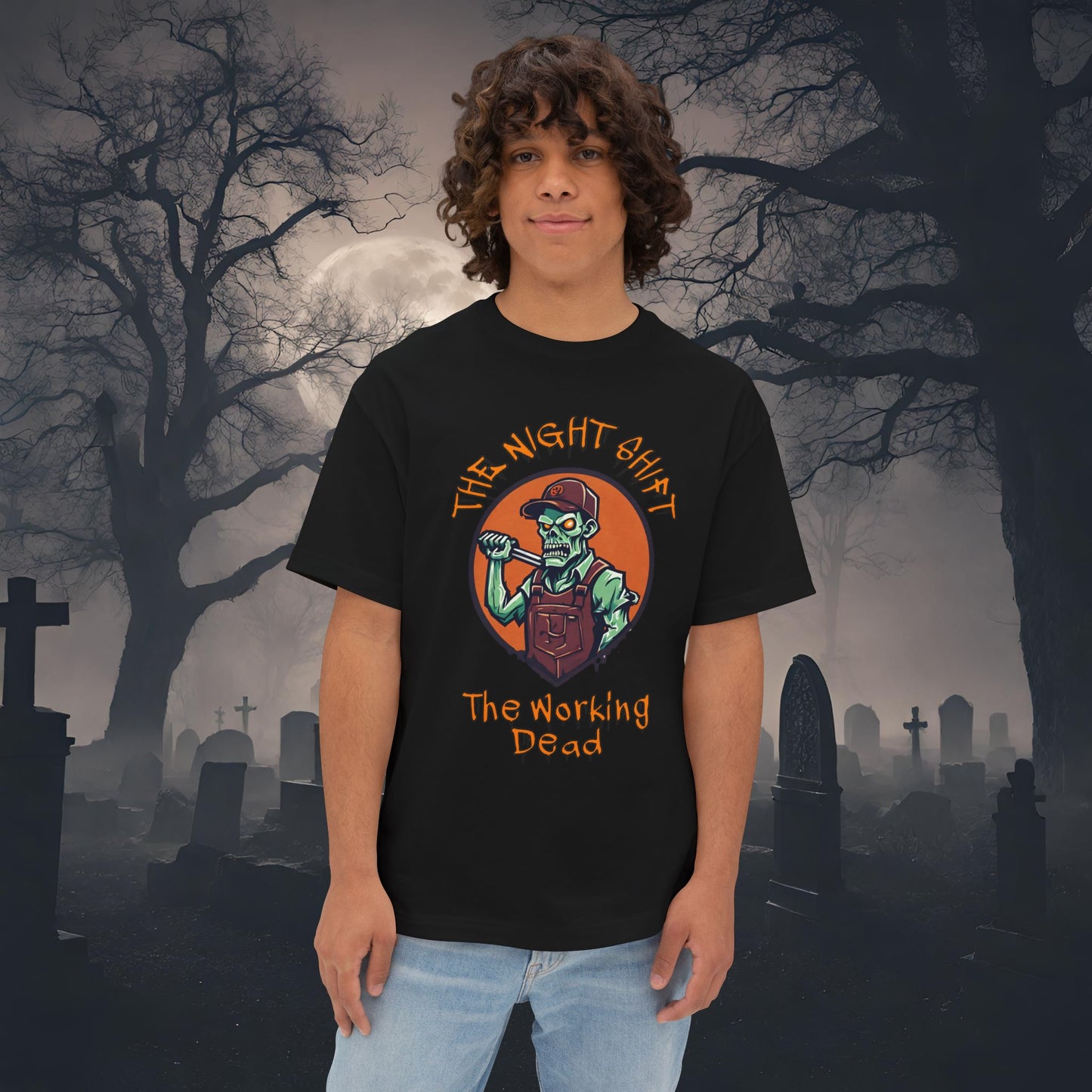 The Night Shift Zombie Mechanic-Premium, Ultra Soft Unisex Oversized Boxy Tee Black Printify by The Night Shift Automotive Apparel