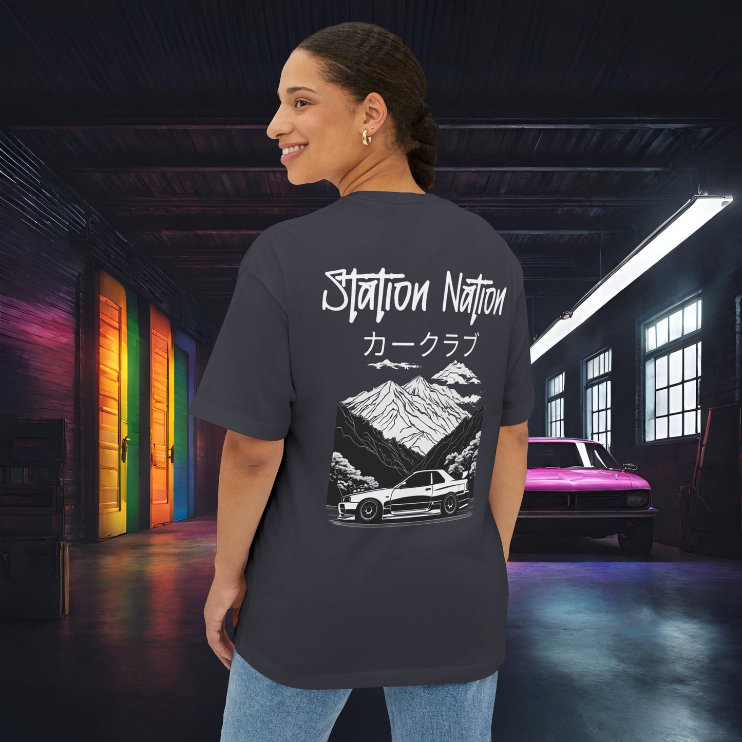 Station Nation-Premium, Ultra Soft Unisex Oversized Boxy Tee Dark Grey Printify by The Night Shift Automotive Apparel