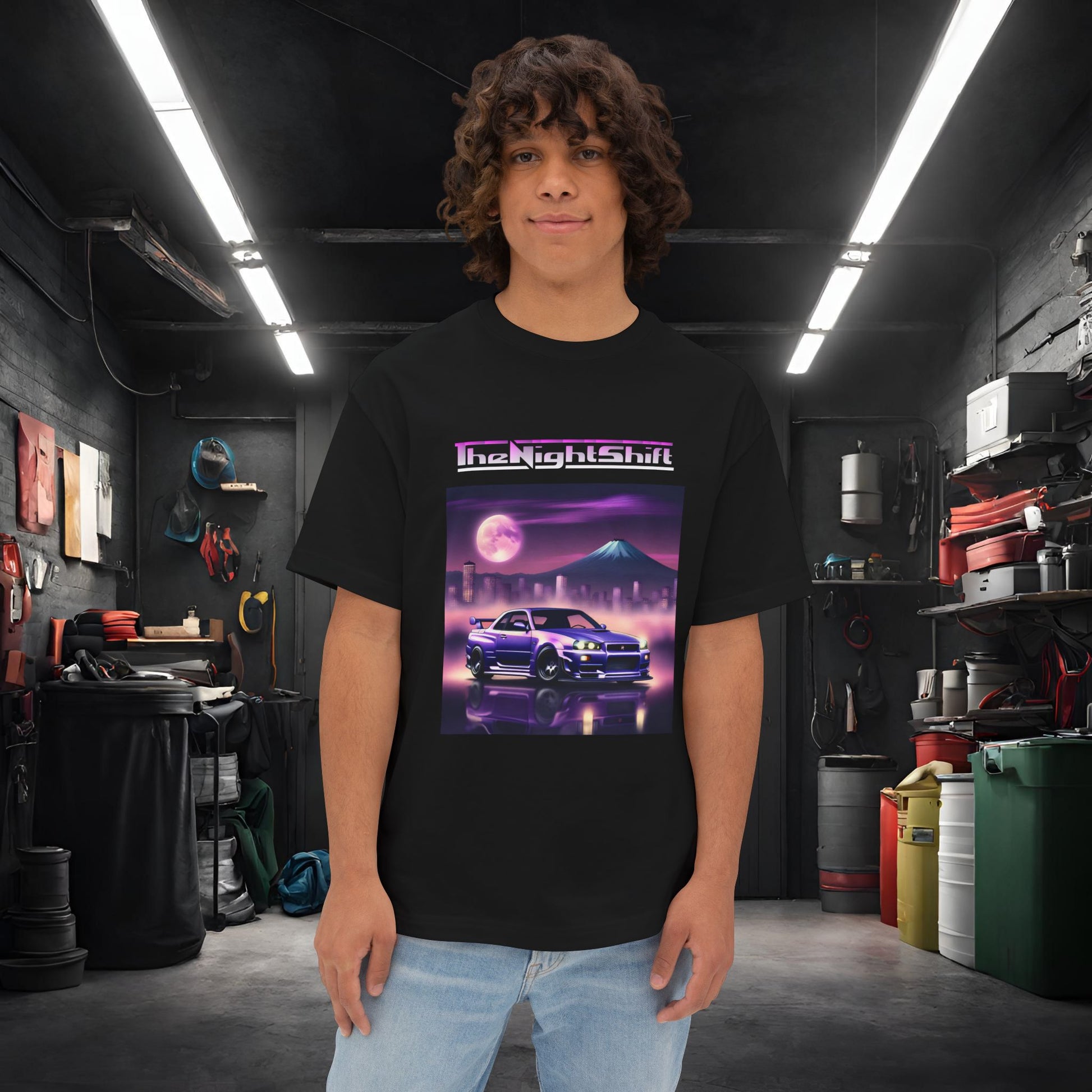 Nissan Skyline R34 Mt Fuji-Premium, Ultra Soft, Unisex Oversized Boxy Tee Black Printify by The Night Shift Automotive Apparel