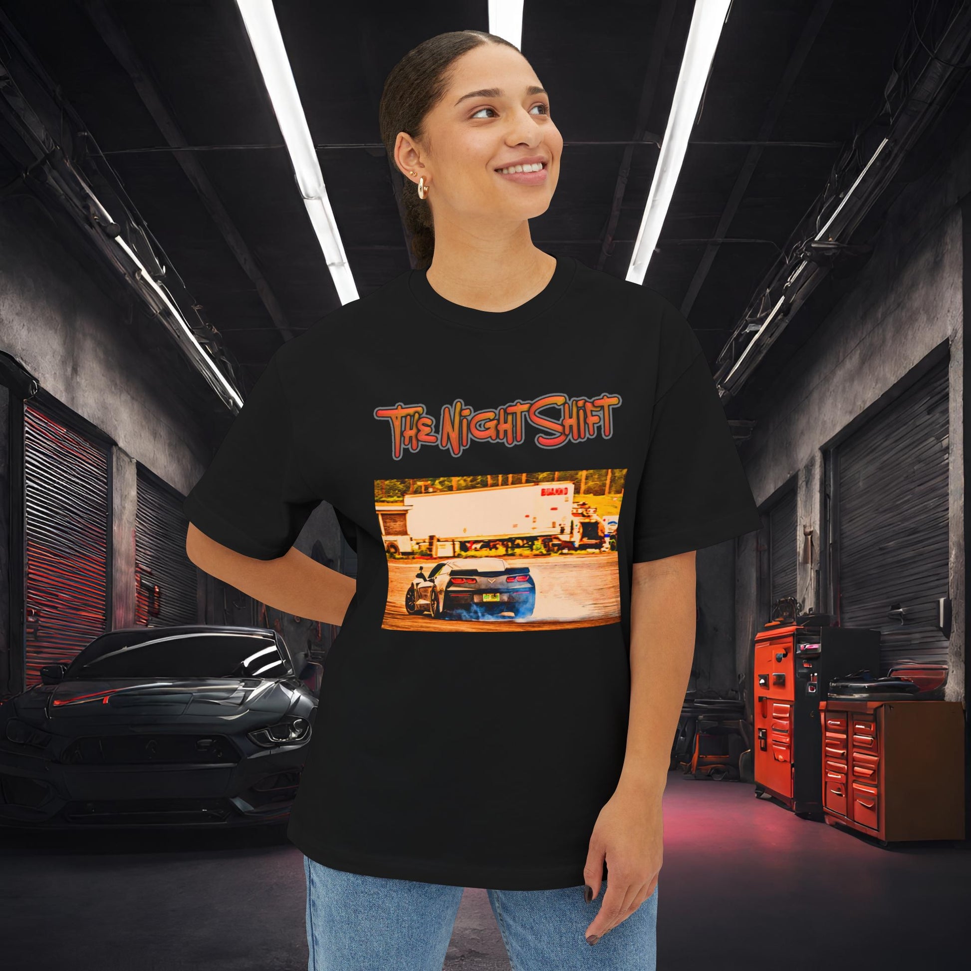Chevy Corvette C7 Drifting Lebanon Valley-Premium, Ultra Soft Unisex Oversized Boxy Tee Printify by The Night Shift Automotive Apparel