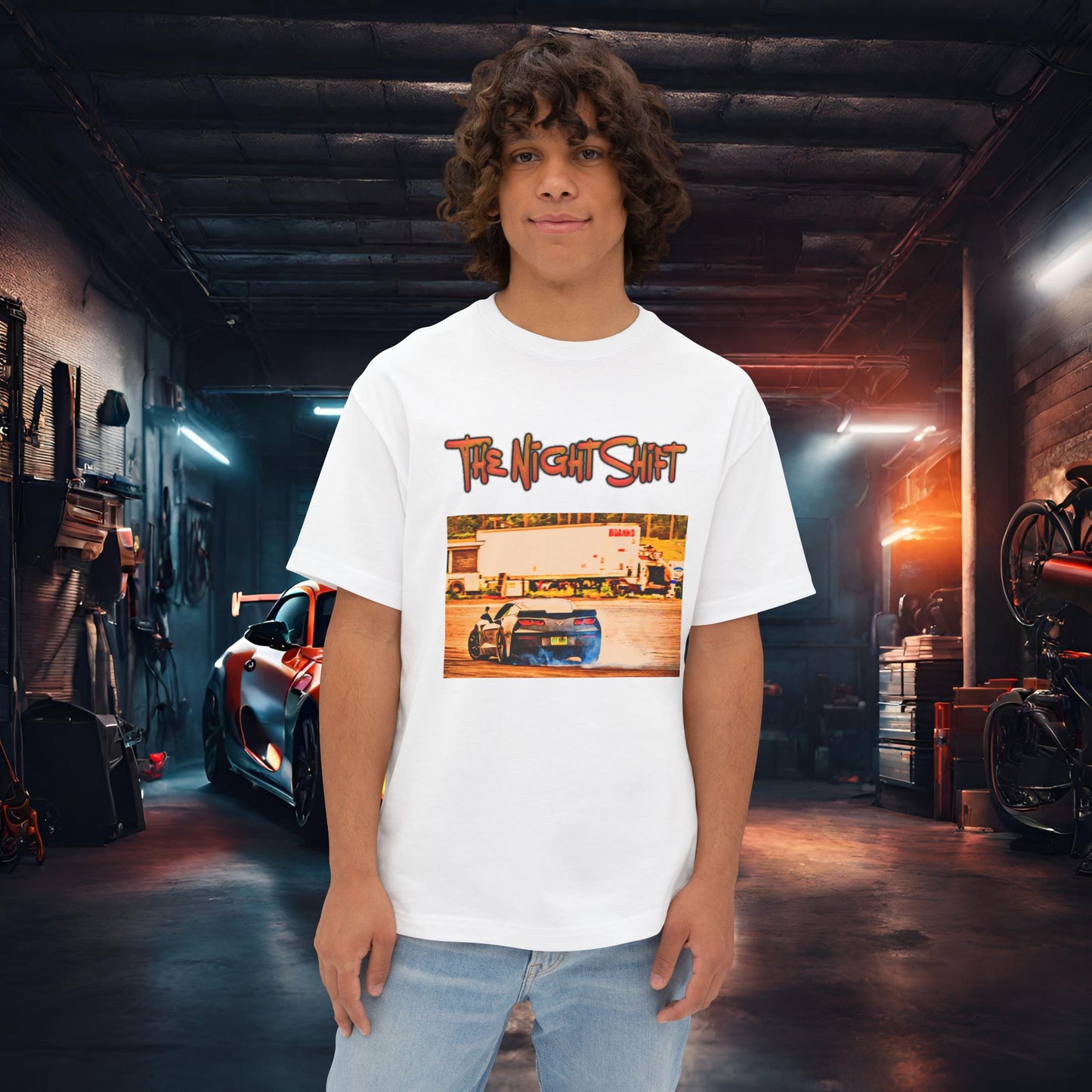 Chevy Corvette C7 Drifting Lebanon Valley-Premium, Ultra Soft Unisex Oversized Boxy Tee White Printify by The Night Shift Automotive Apparel