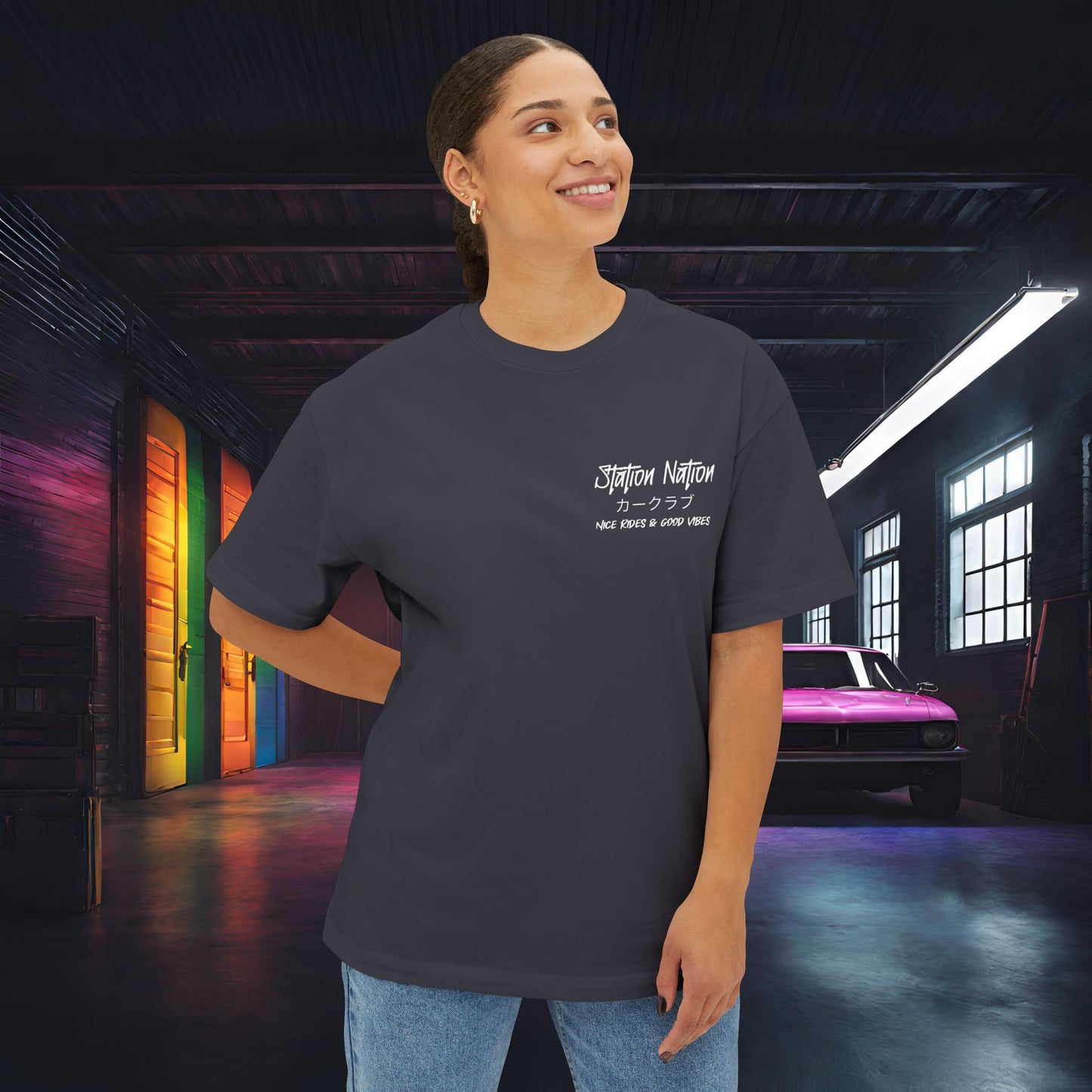 Station Nation-Premium, Ultra Soft Unisex Oversized Boxy Tee Printify by The Night Shift Automotive Apparel